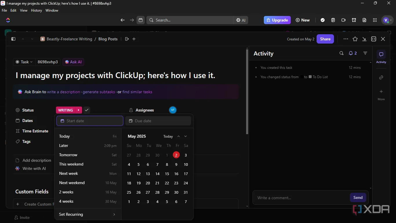 Thiết lập ngày bắt đầu và ngày đến hạn cho nhiệm vụ trong ClickUp