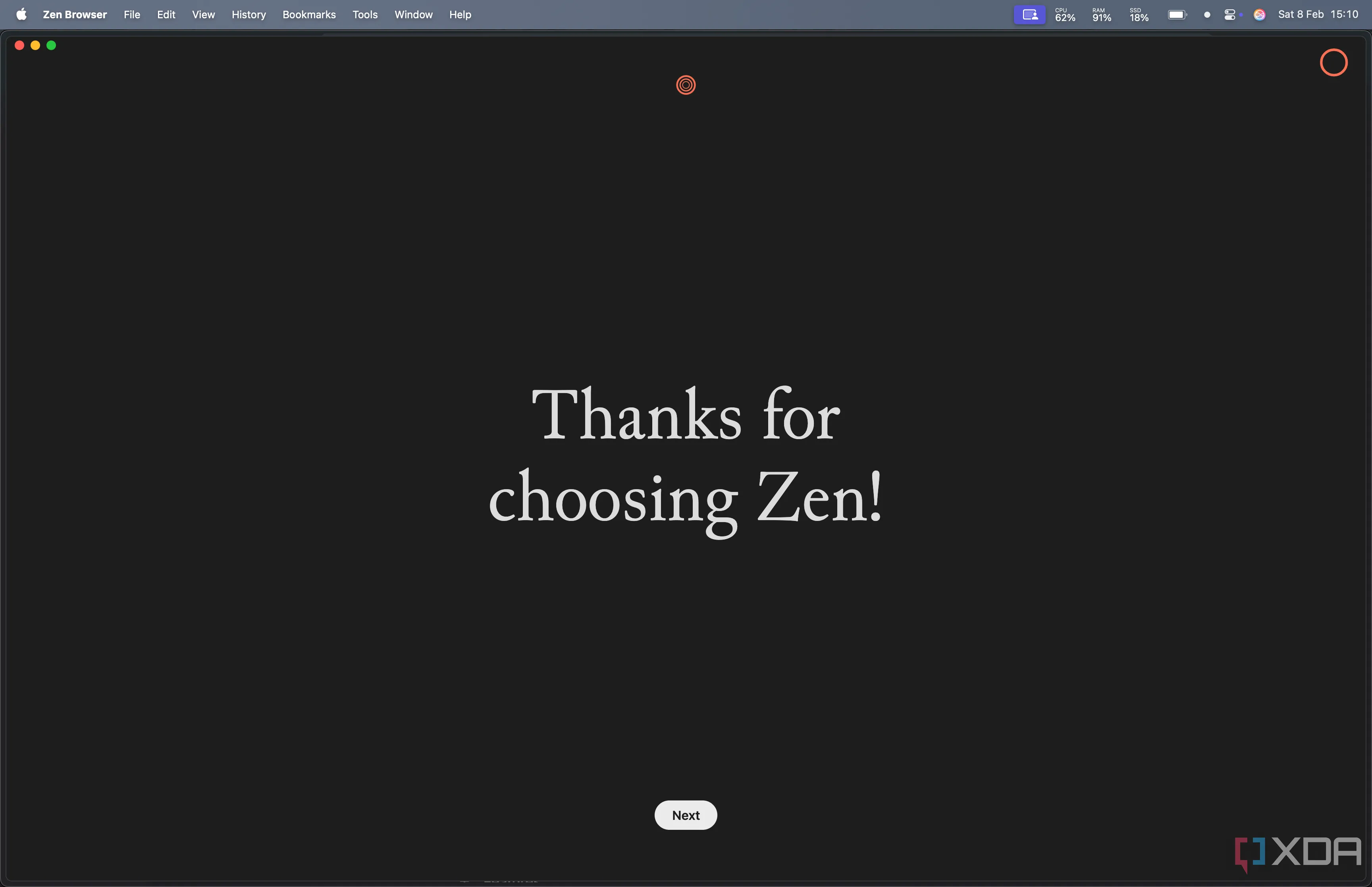 Thông báo cảm ơn khi người dùng lựa chọn Zen Browser, thể hiện sự quan tâm của nhà phát triển.