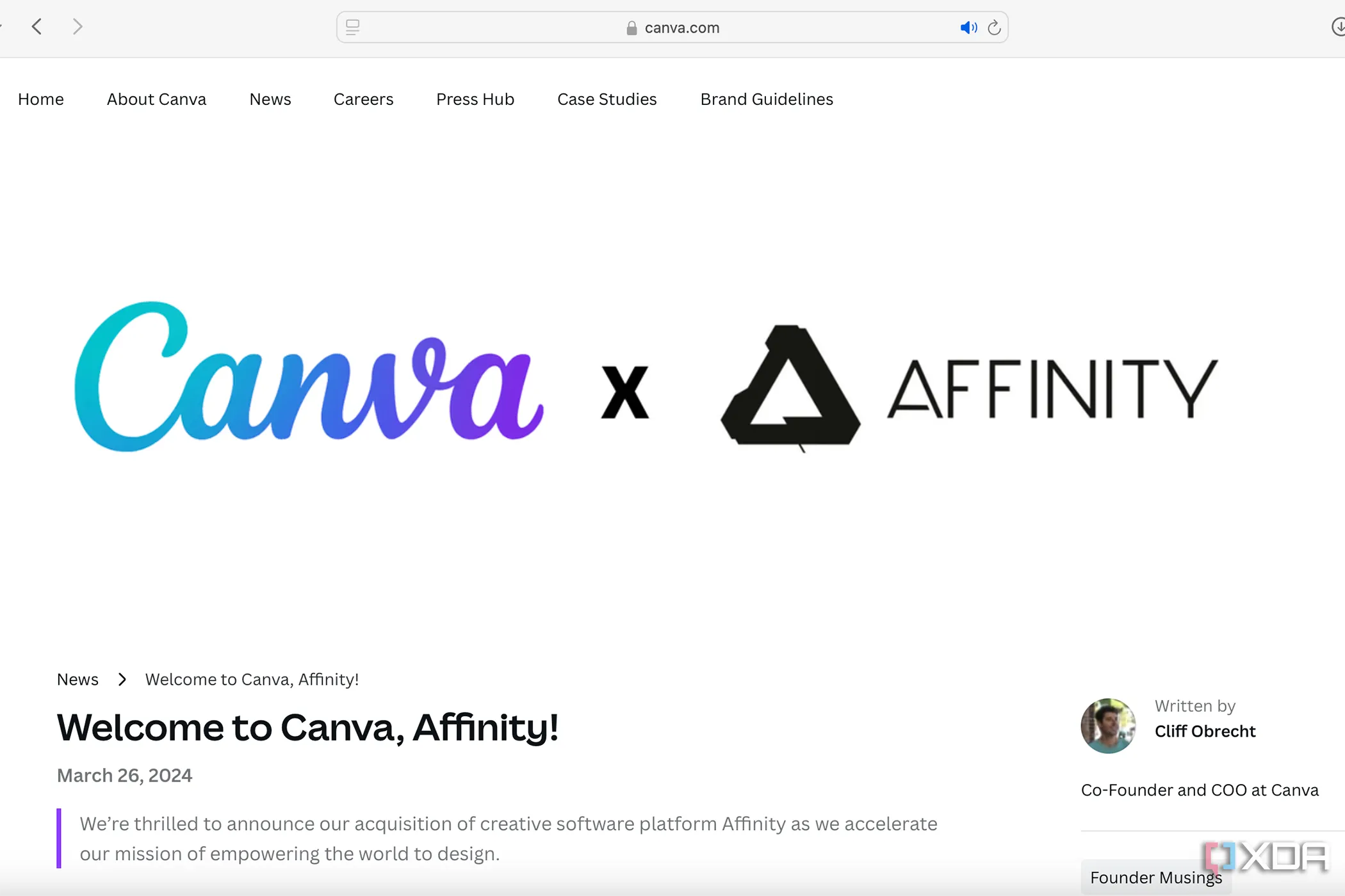 Thông báo chính thức về việc sáp nhập giữa Canva và Affinity