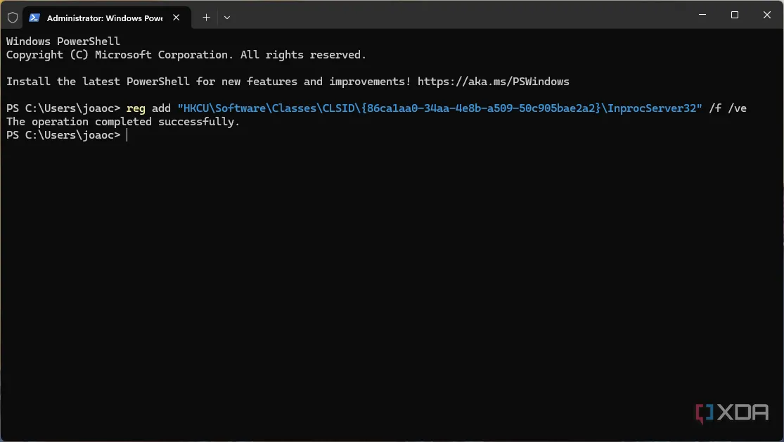 Thông báo xác nhận khi thực thi lệnh sửa Registry qua Windows Terminal