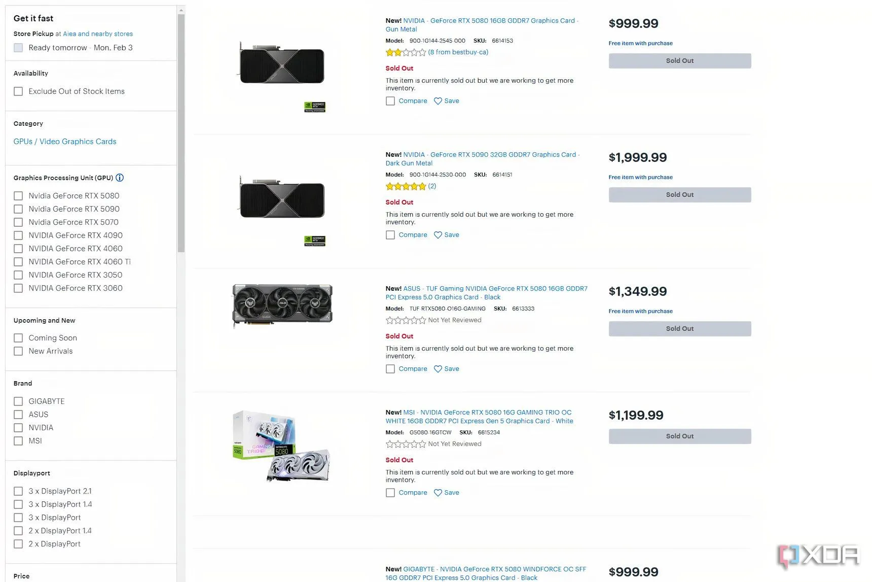 Trạng thái hết hàng của card đồ họa NVIDIA RTX 50 series trên trang web BestBuy, phản ánh tình hình khan hiếm thị trường.