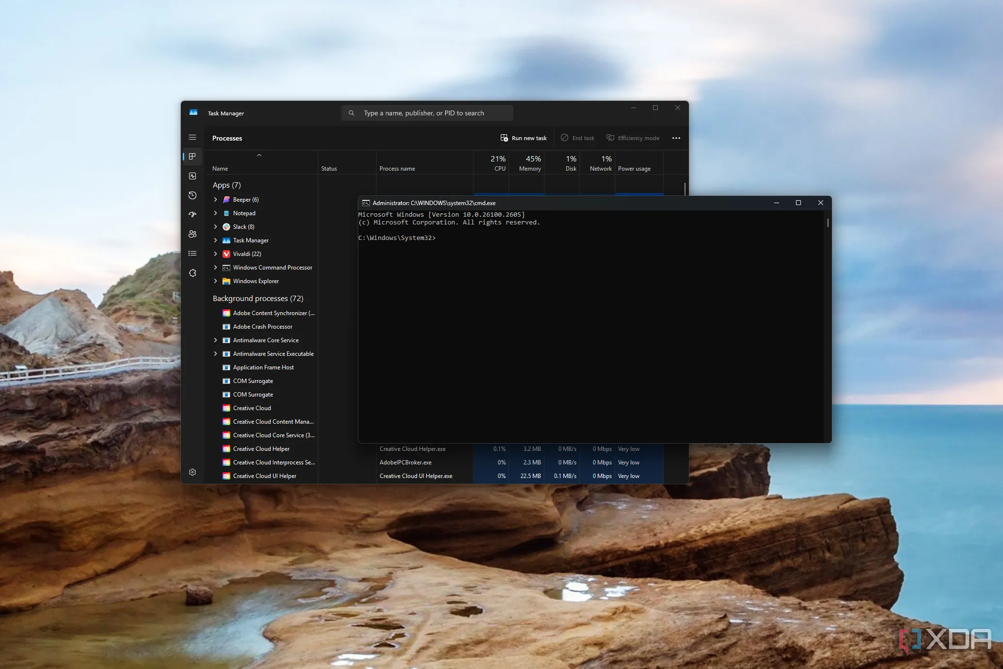 Trình quản lý Tác vụ Windows 11 mở cửa sổ Command Prompt với quyền quản trị viên