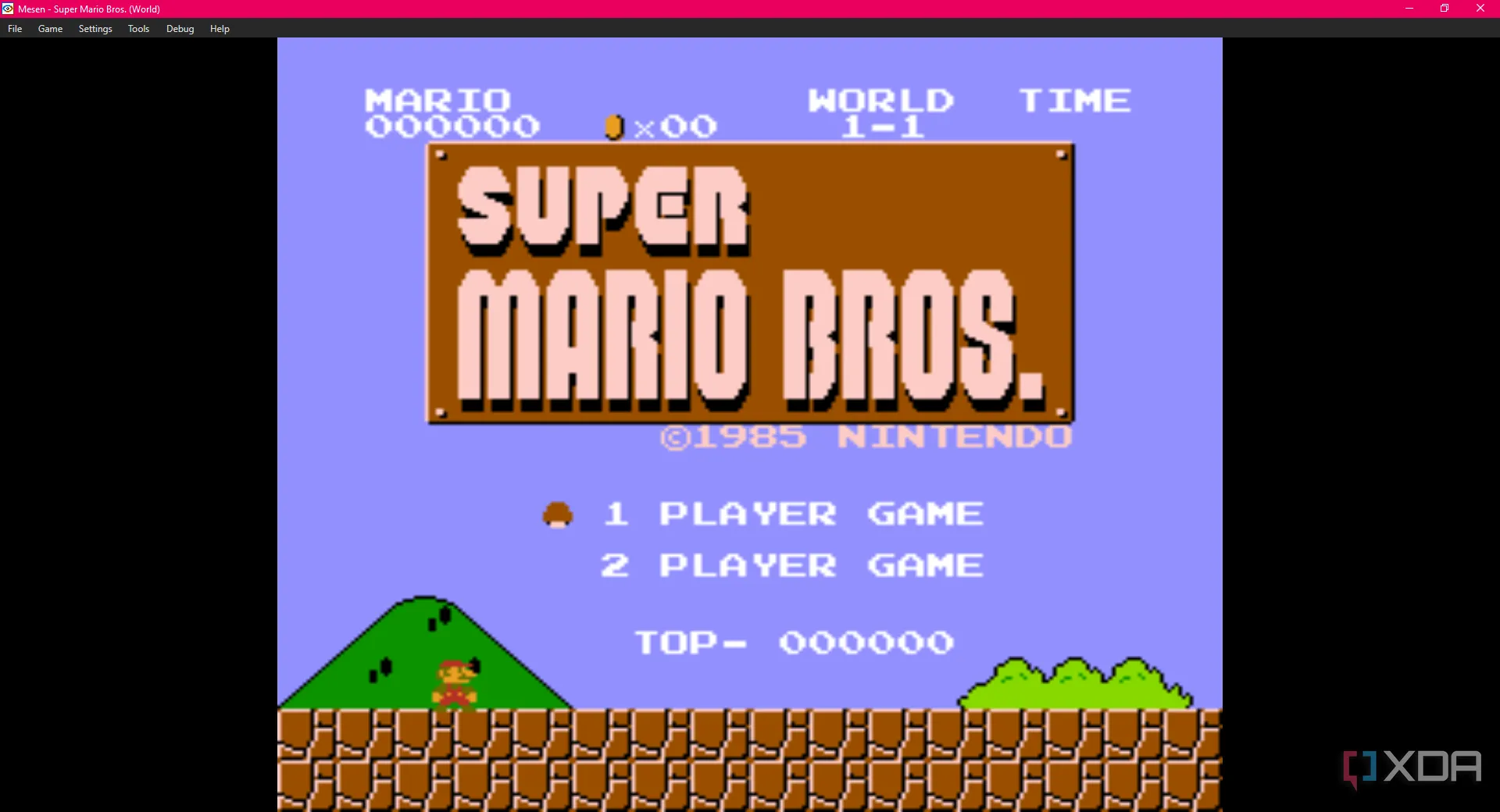 Trò chơi Super Mario Bros đang chạy trên giả lập Mesen, cho thấy độ chính xác cao khi giả lập hệ thống Nintendo Entertainment System (NES)