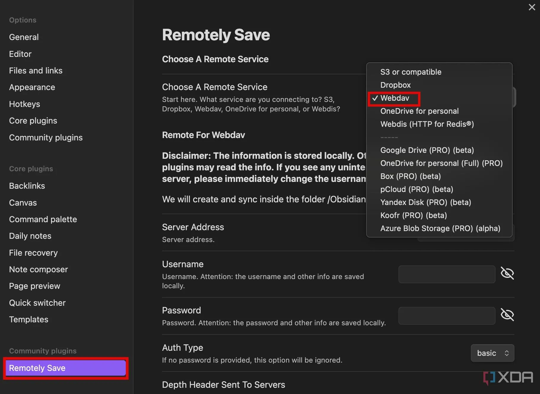 Tùy chọn chọn dịch vụ từ xa trong cài đặt plugin Remotely Save, với WebDAV được chọn