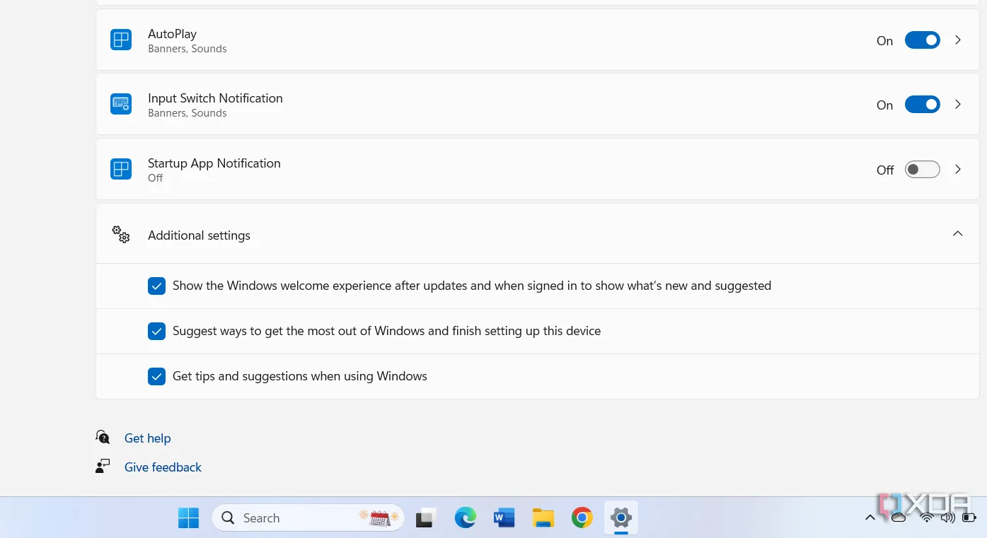 Tùy chọn tắt gợi ý và mẹo sử dụng Windows 11 trong phần cài đặt thông báo.
