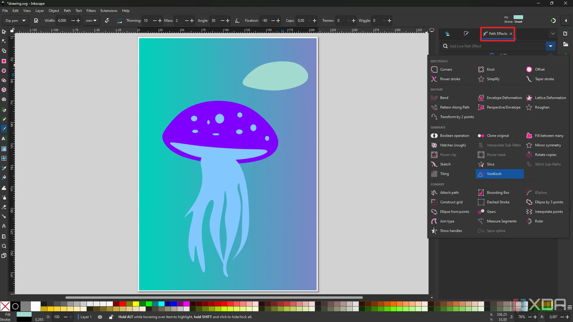 Ứng dụng hiệu ứng Live Path Effects (LPEs) trong Inkscape trên hình minh họa con sứa, thể hiện khả năng chỉnh sửa không phá hủy.
