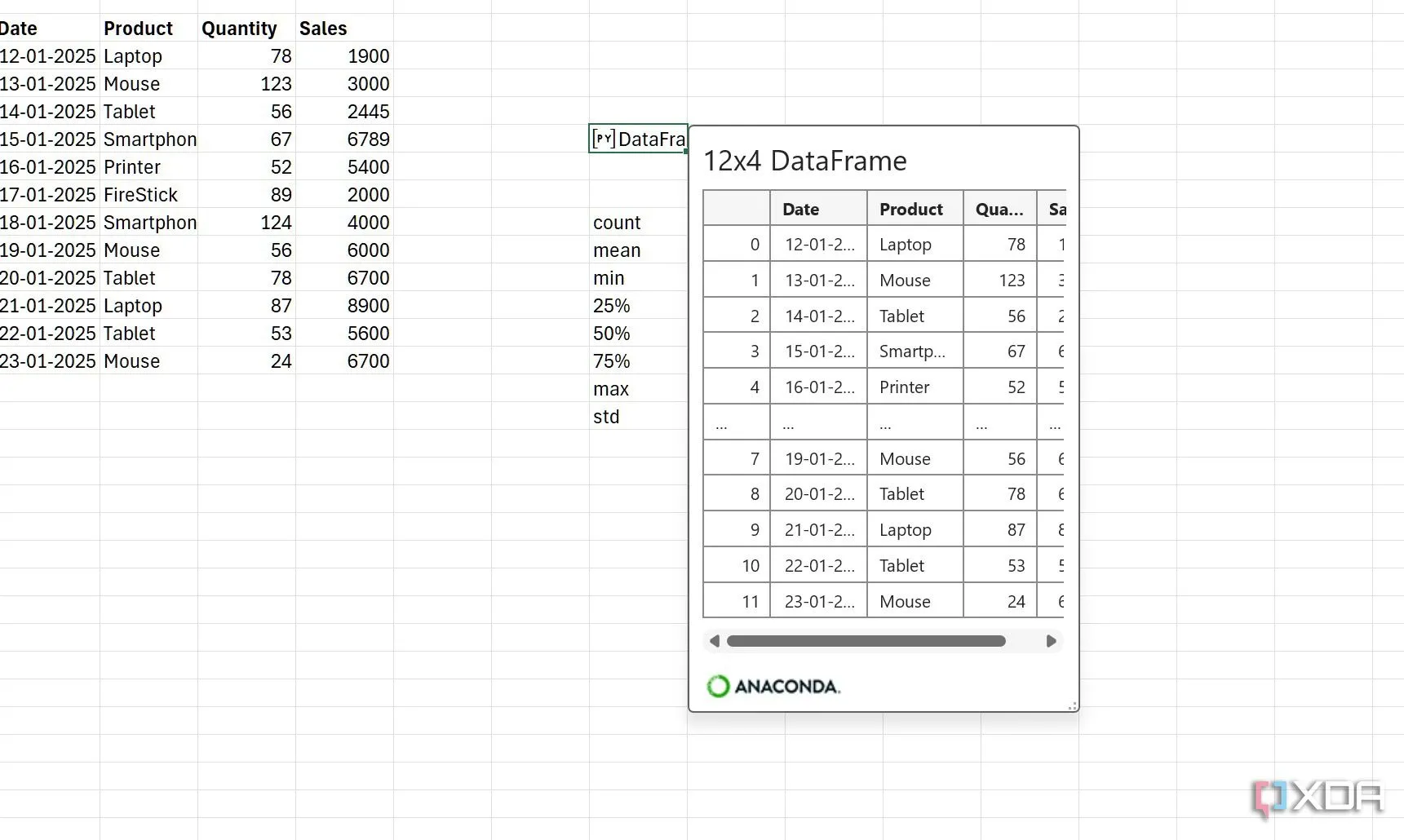 Ví dụ về DataFrame của thư viện pandas trong môi trường Python tích hợp Excel