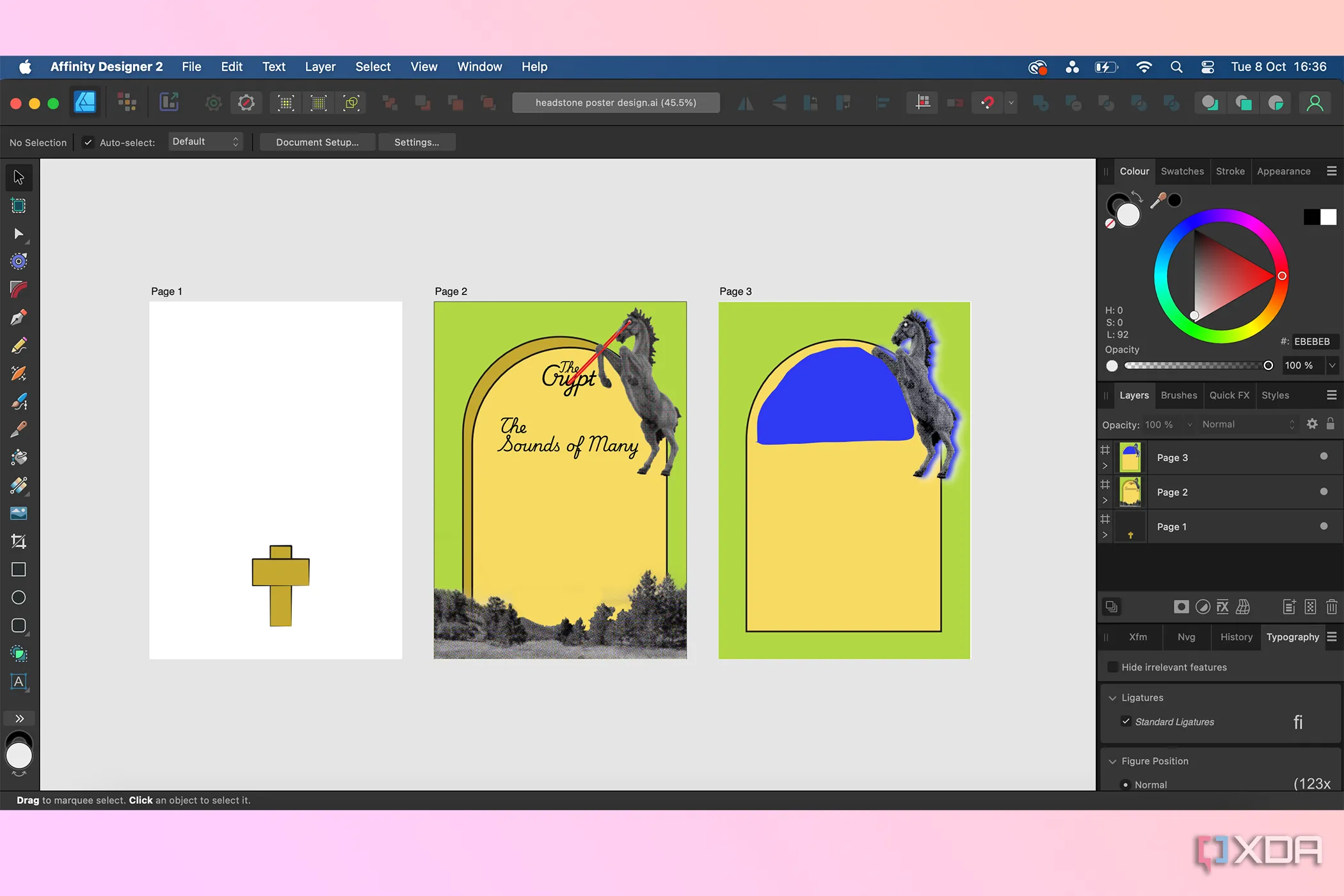 Affinity Designer với ba artboard trình bày thiết kế poster, minh họa khả năng tương thích với nhiều định dạng file khác nhau