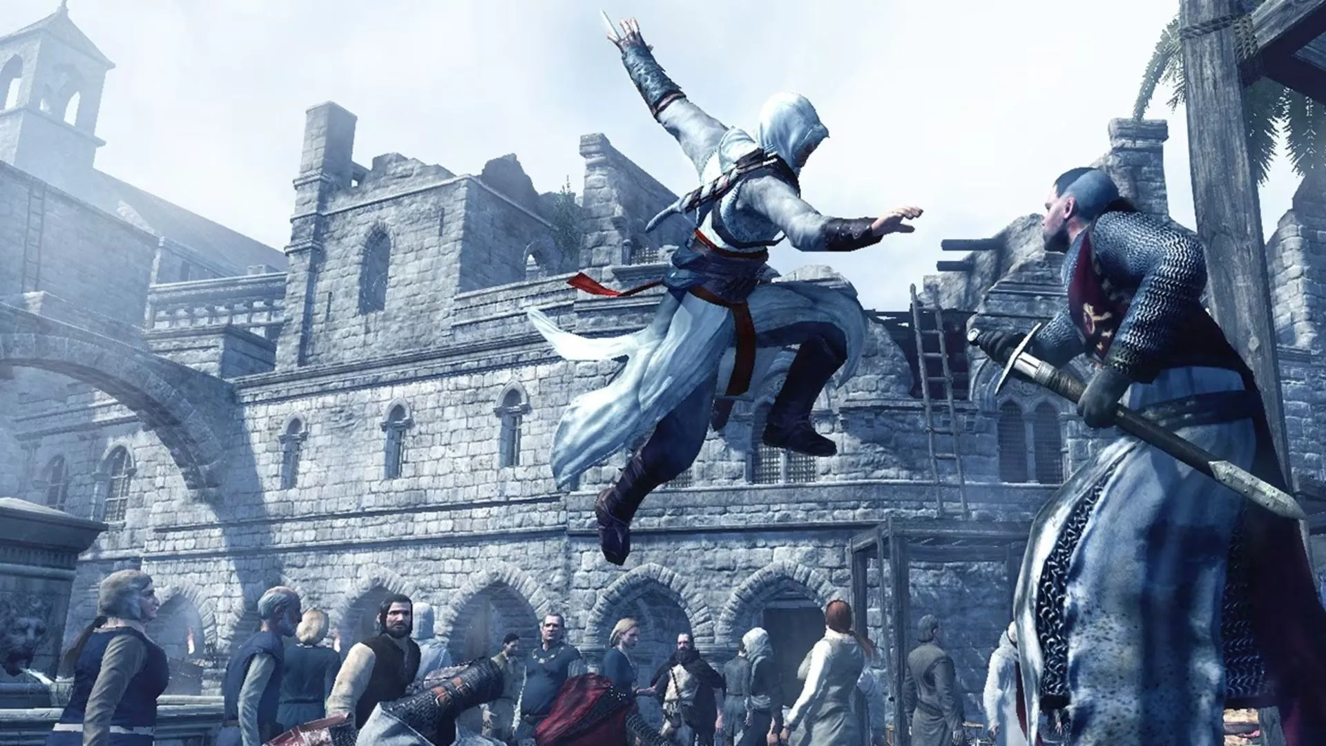 Altaïr thực hiện pha ám sát từ trên cao trong Assassin's Creed, một trong những động tác biểu tượng của series.