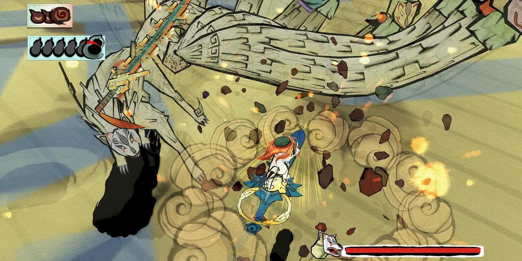 Amaterasu sử dụng Celestial Brush để chiến đấu trong game Okami, kết hợp yếu tố nghệ thuật và gameplay