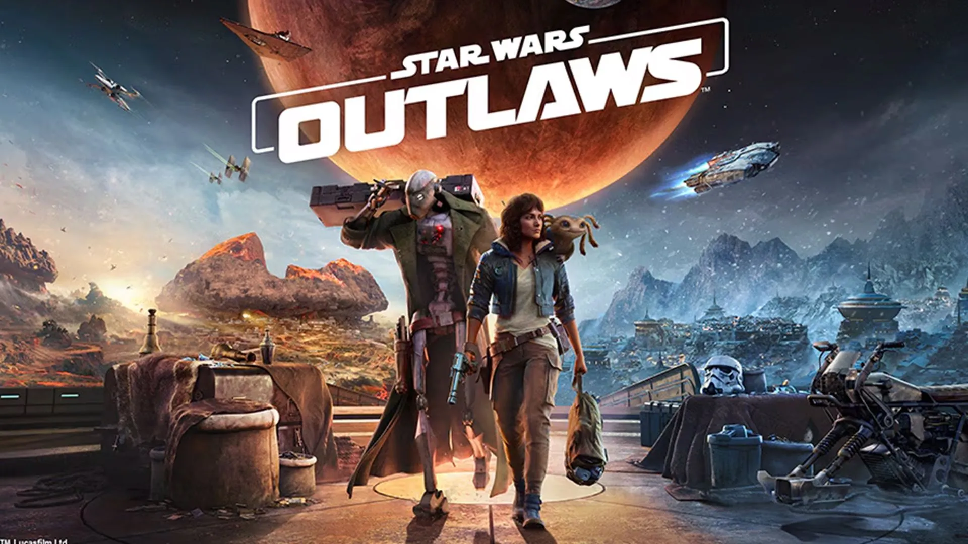 Ảnh bìa chính của tựa game phiêu lưu hành động Star Wars Outlaws, nhân vật Kay Vess và Nyx