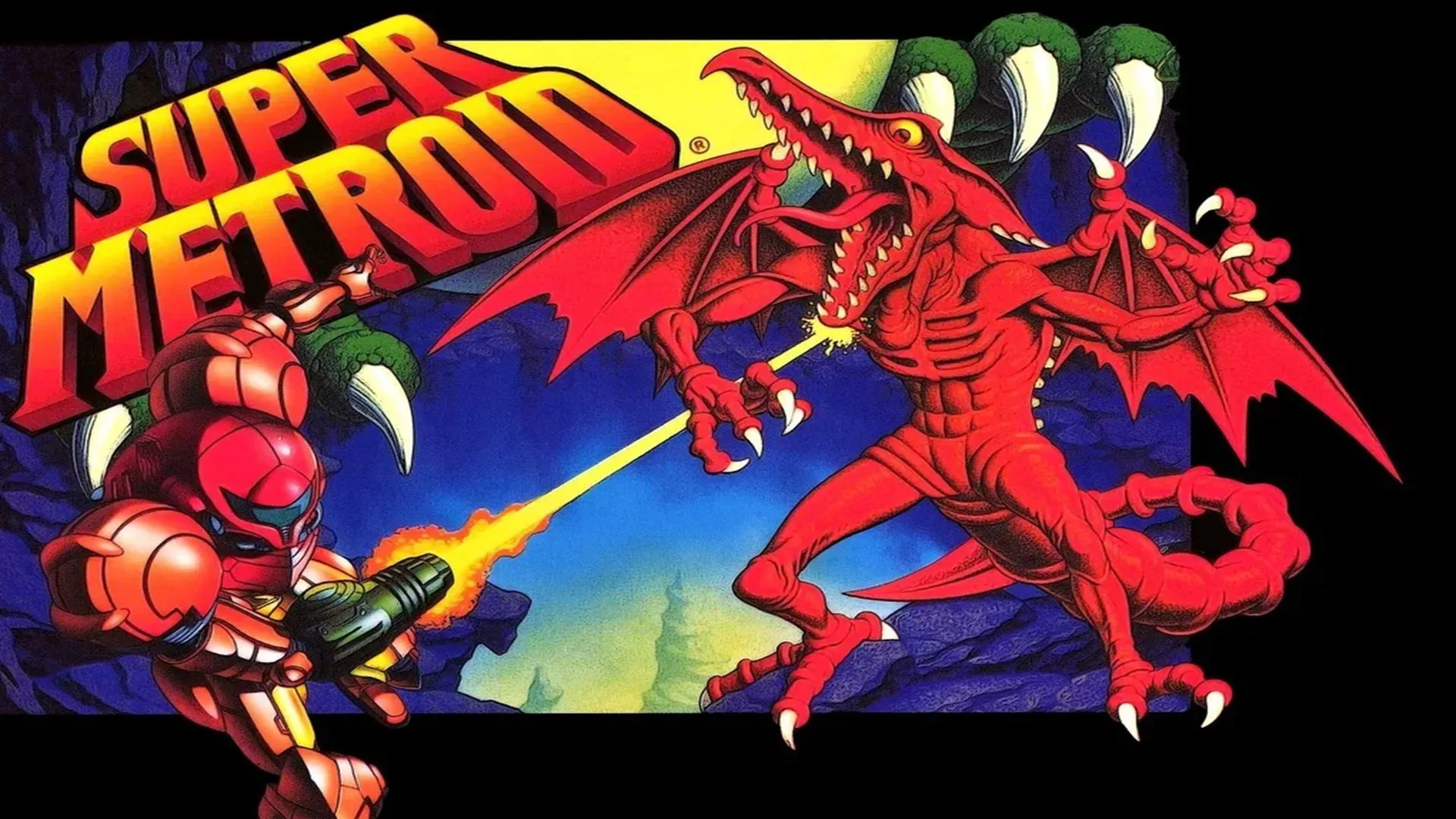 Ảnh bìa của game Super Metroid trên Super Nintendo, thể hiện Samus Aran và logo game huyền thoại.