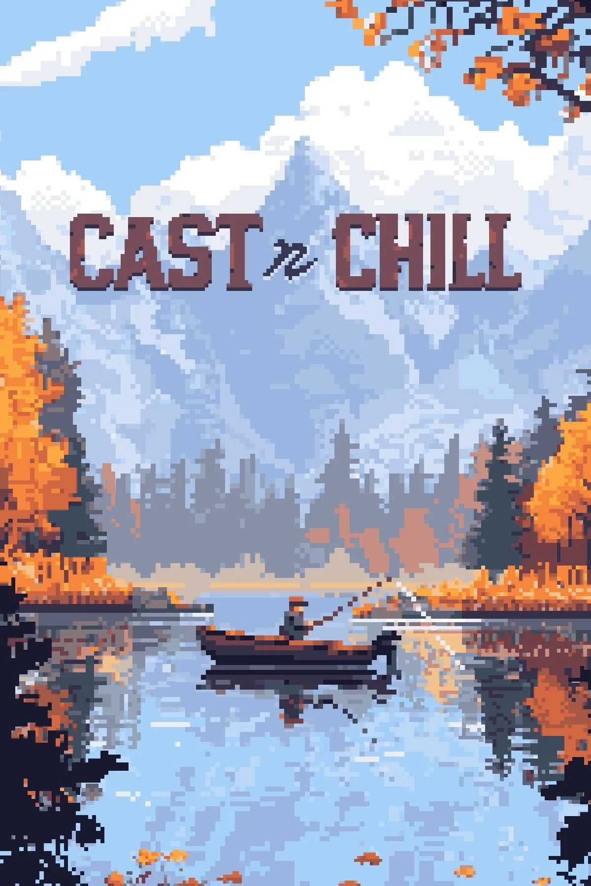 Ảnh bìa game Cast n Chill với hình ảnh nhân vật và chú chó thư giãn câu cá trên thuyền, thể hiện không khí bình yên của game idle câu cá.