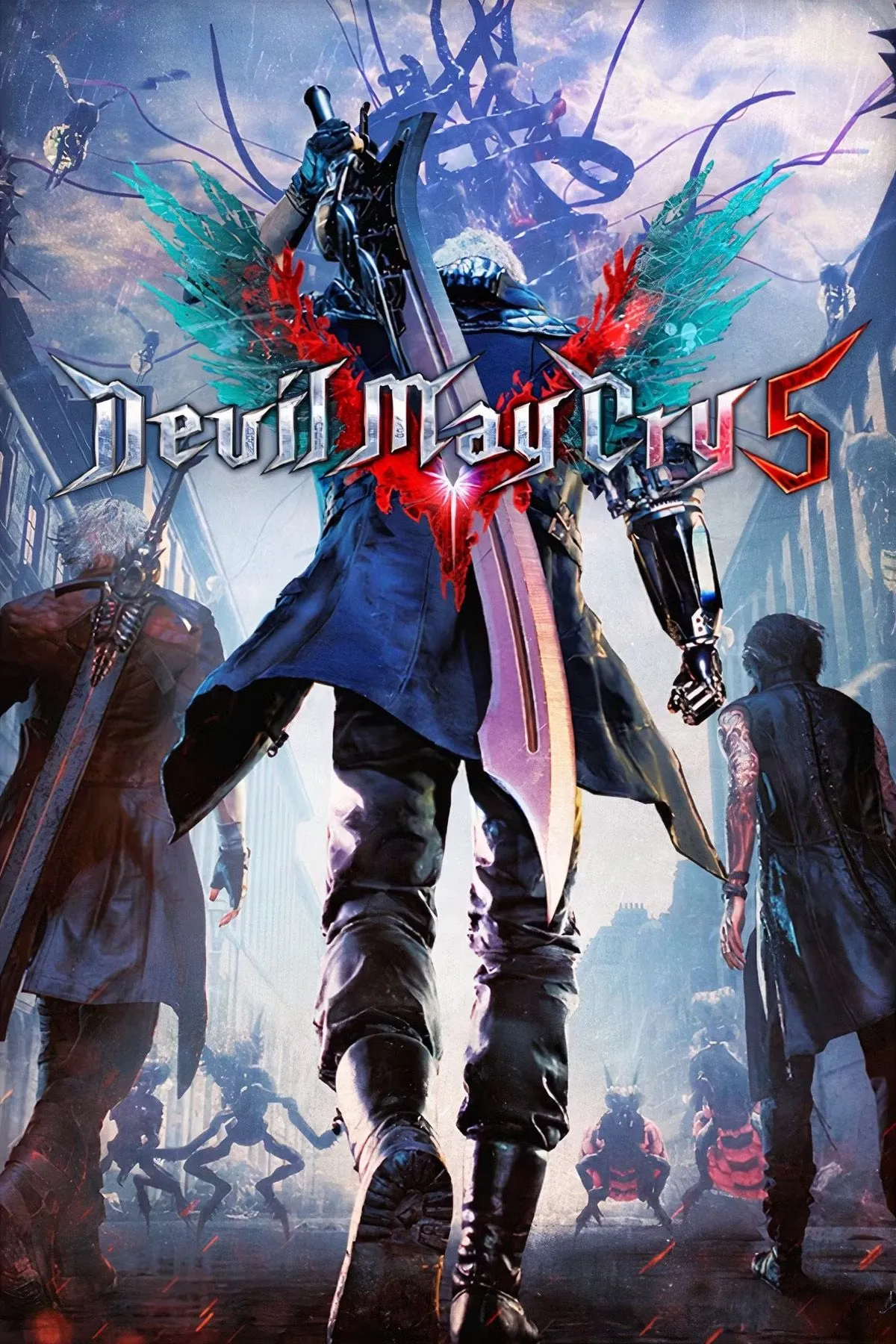 Ảnh bìa game Devil May Cry 5 với ba nhân vật chính Dante, Nero và V, thể hiện phong cách hành động chặt chém đỉnh cao của series.