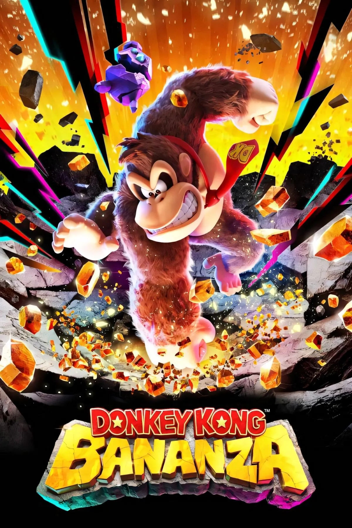 Ảnh bìa game Donkey Kong Bananza với chú khỉ đột Donkey Kong trong phong cách platformer 3D đầy màu sắc