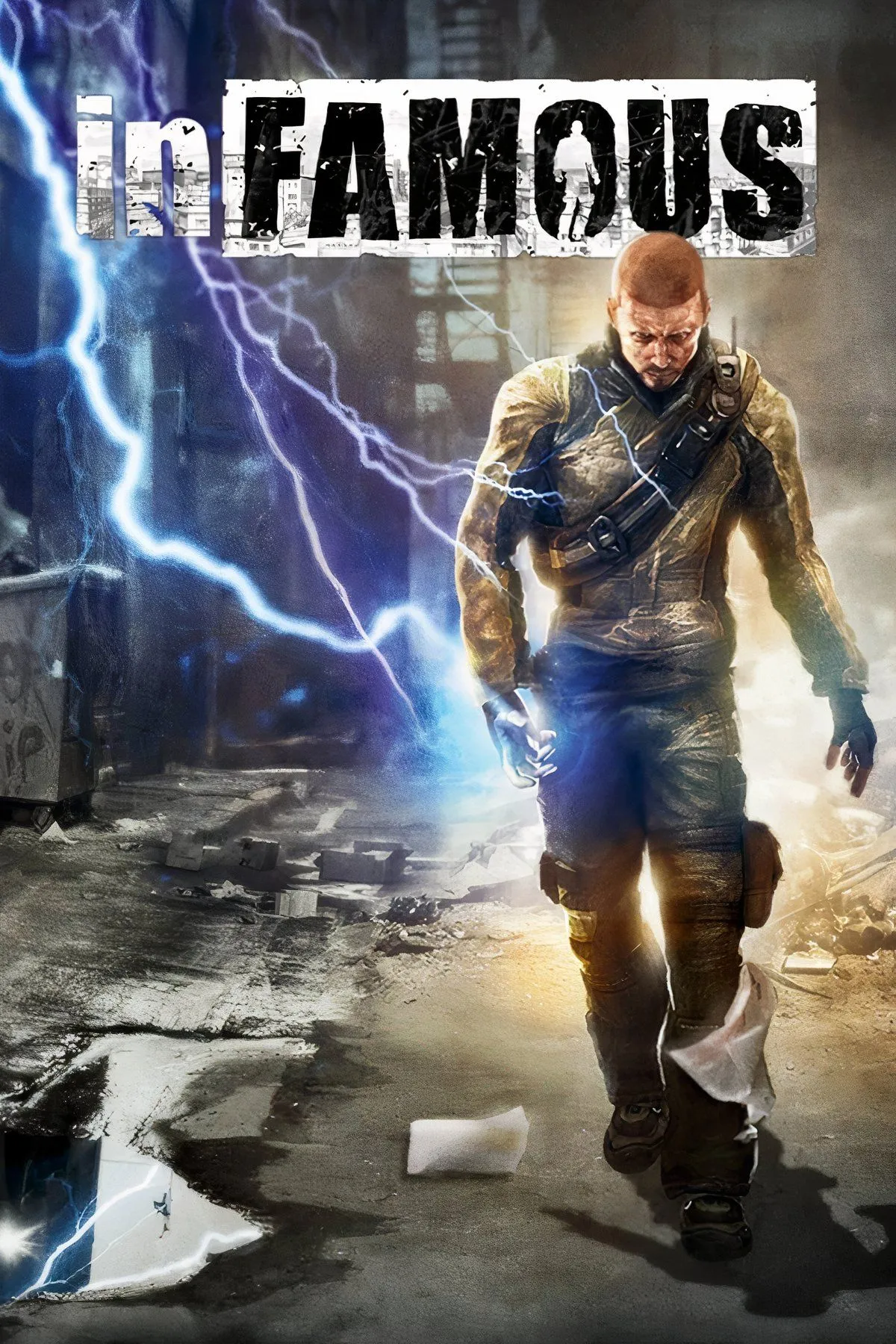 Ảnh bìa game Infamous với nhân vật chính Cole McGrath sử dụng năng lực điện trong thành phố