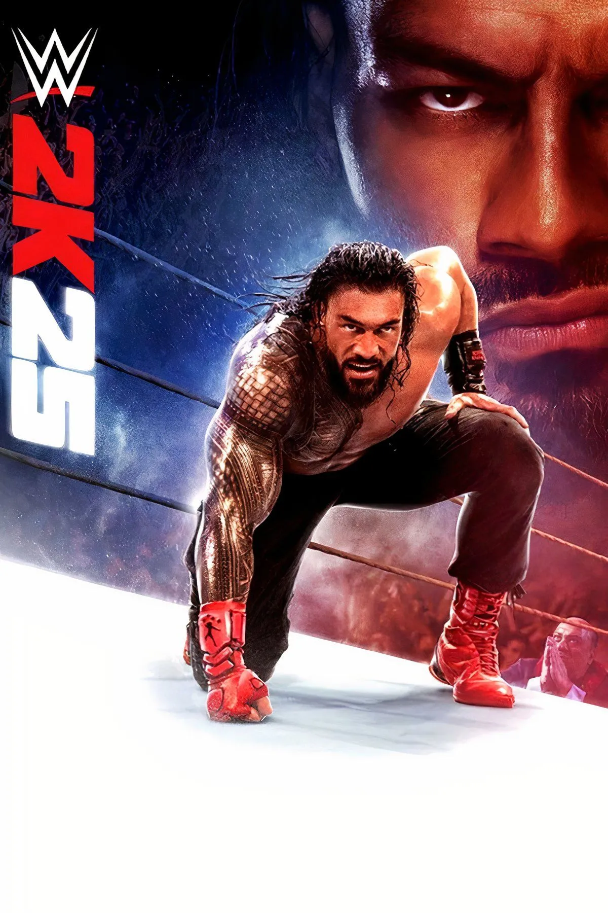Ảnh bìa game WWE 2K25, với một đô vật nổi tiếng tạo dáng trên võ đài
