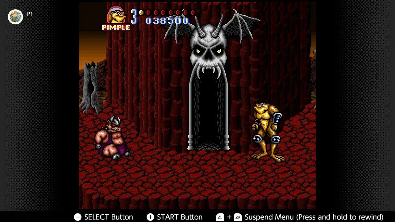 Ảnh chụp màn hình Battletoads in Battlemaniacs trên SNES, hiển thị cảnh chiến đấu sôi động