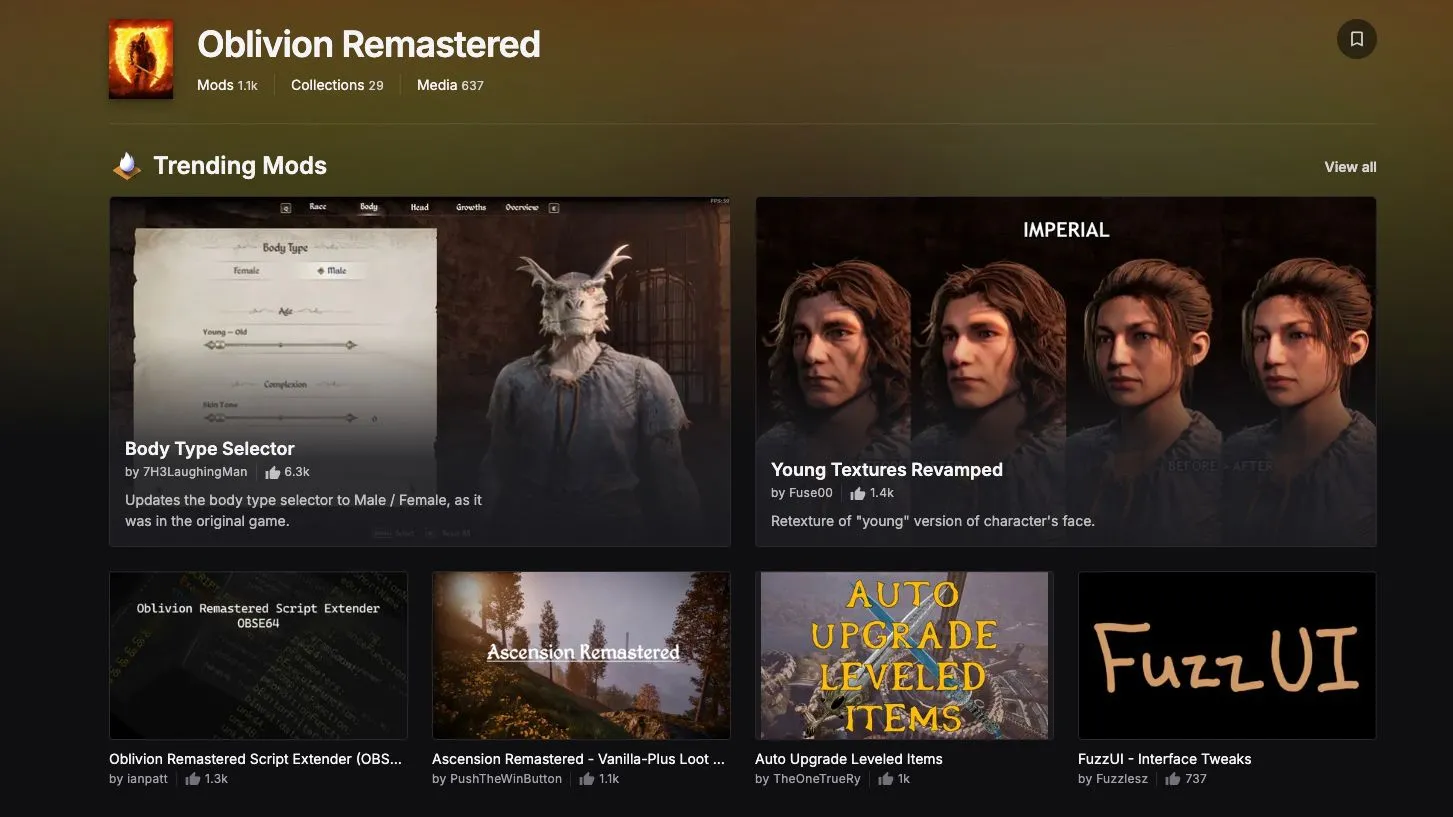 Ảnh chụp màn hình các mod Oblivion Remastered thịnh hành trên Nexus Mods