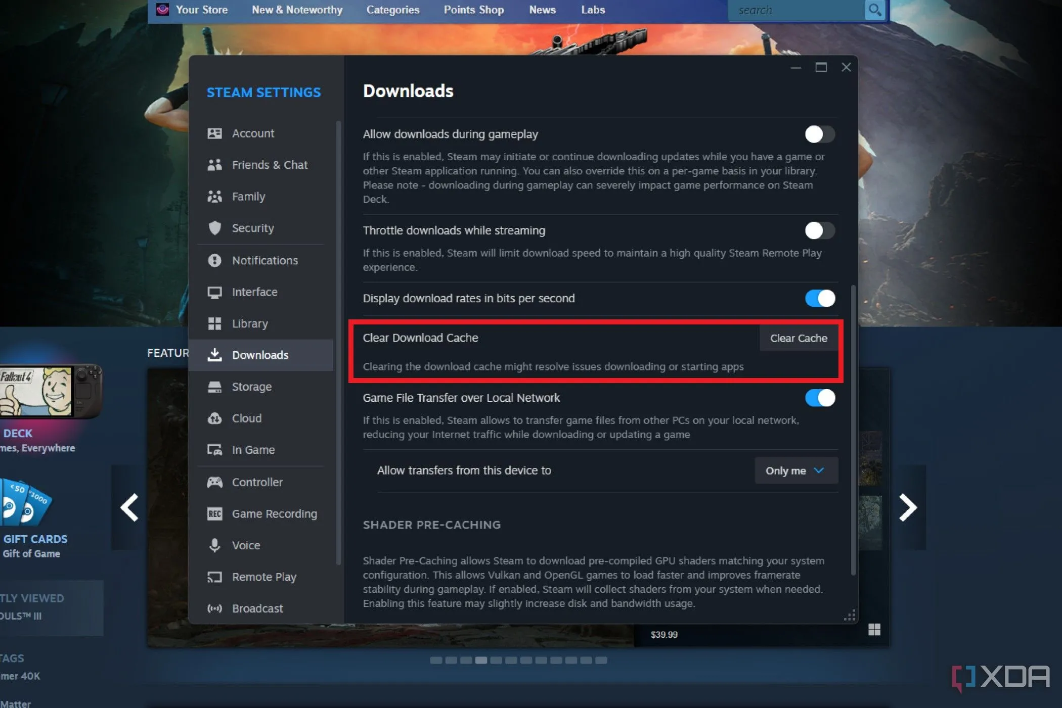 Ảnh chụp màn hình cài đặt Tải xuống của Steam với tùy chọn &quot;Clear Download Cache&quot; được làm nổi bật.