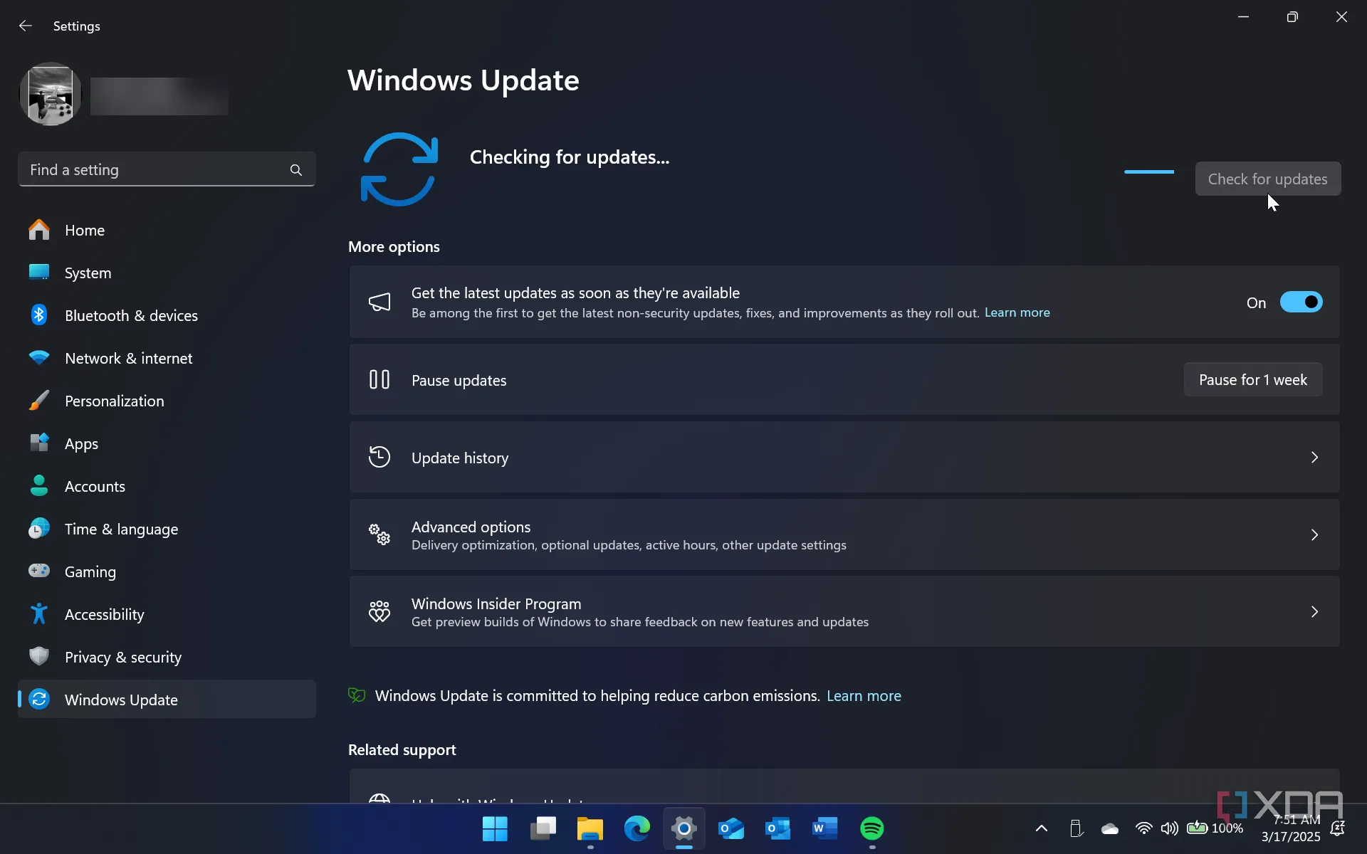 Ảnh chụp màn hình Cài đặt Windows 11 hiển thị Windows Update với các tùy chọn cập nhật