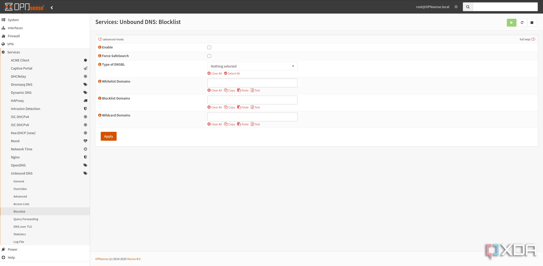 Ảnh chụp màn hình cấu hình blocklist trong Unbound DNS trên OPNsense