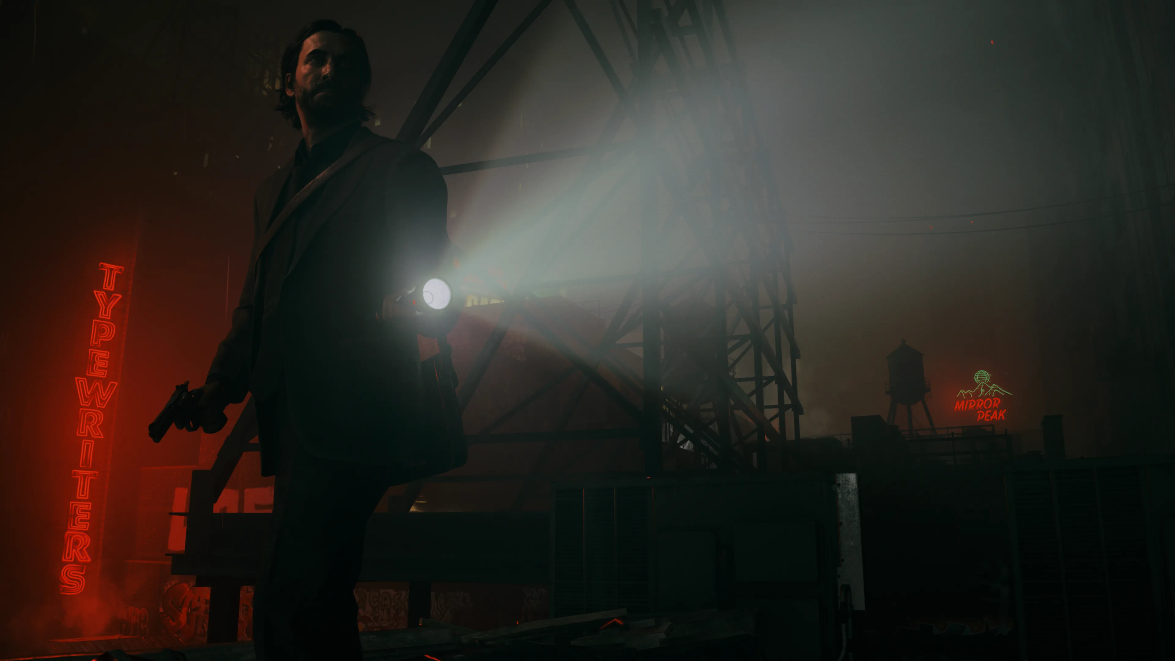 Ảnh chụp màn hình game Alan Wake 2 với đèn pin, minh họa công nghệ Ray Tracing trong game hiện đại.