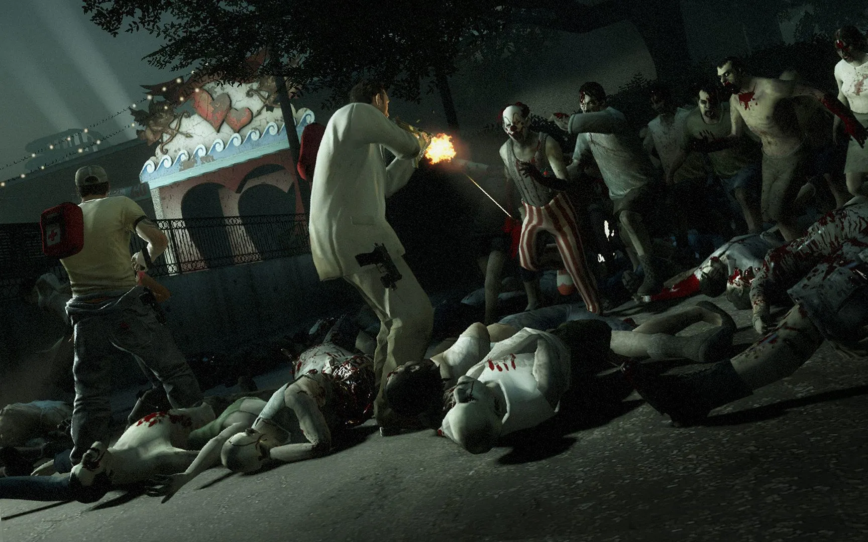 Ảnh chụp màn hình game Left 4 Dead 2 với bốn người chơi đang đối mặt với lũ zombie