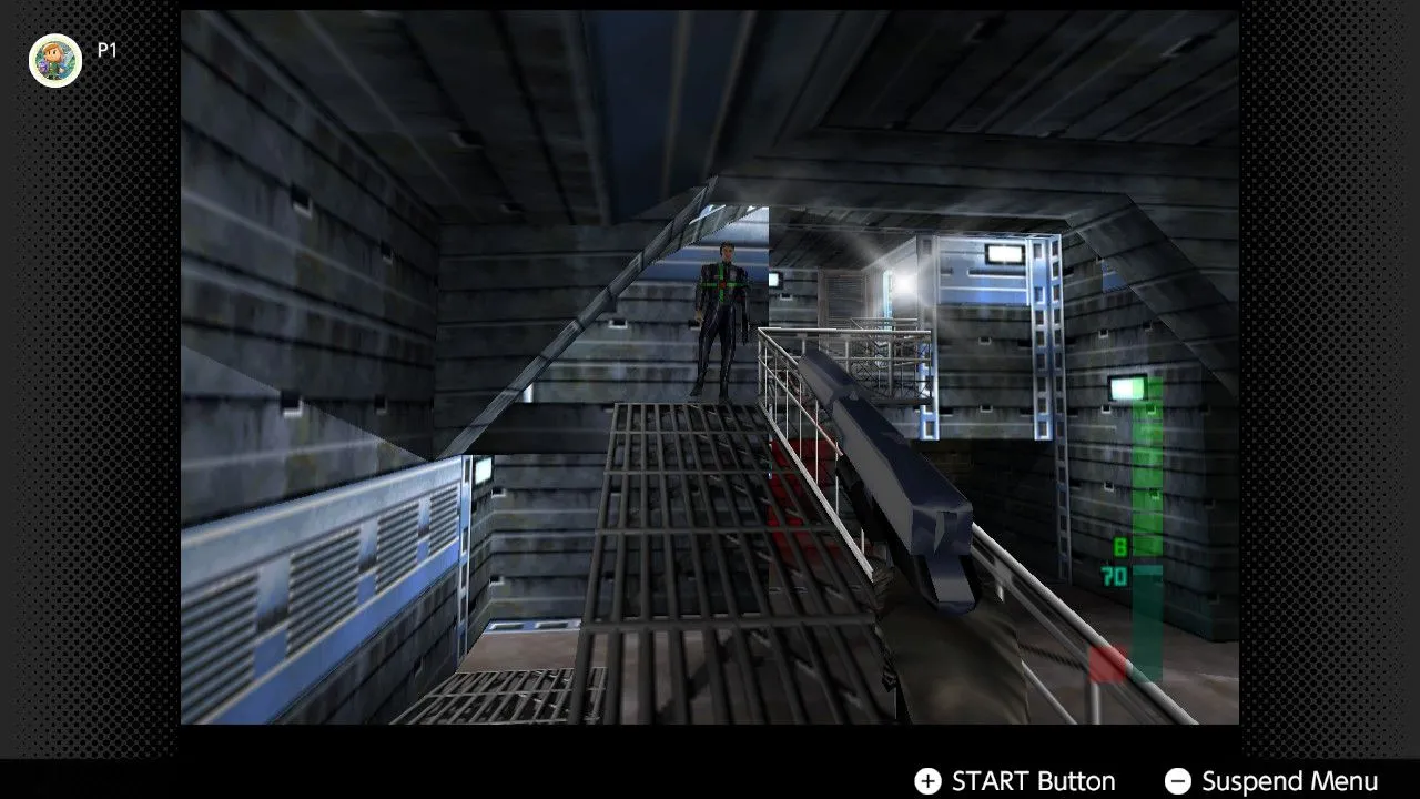 Ảnh chụp màn hình game Perfect Dark trên Nintendo 64 được trình chiếu trên Nintendo Switch