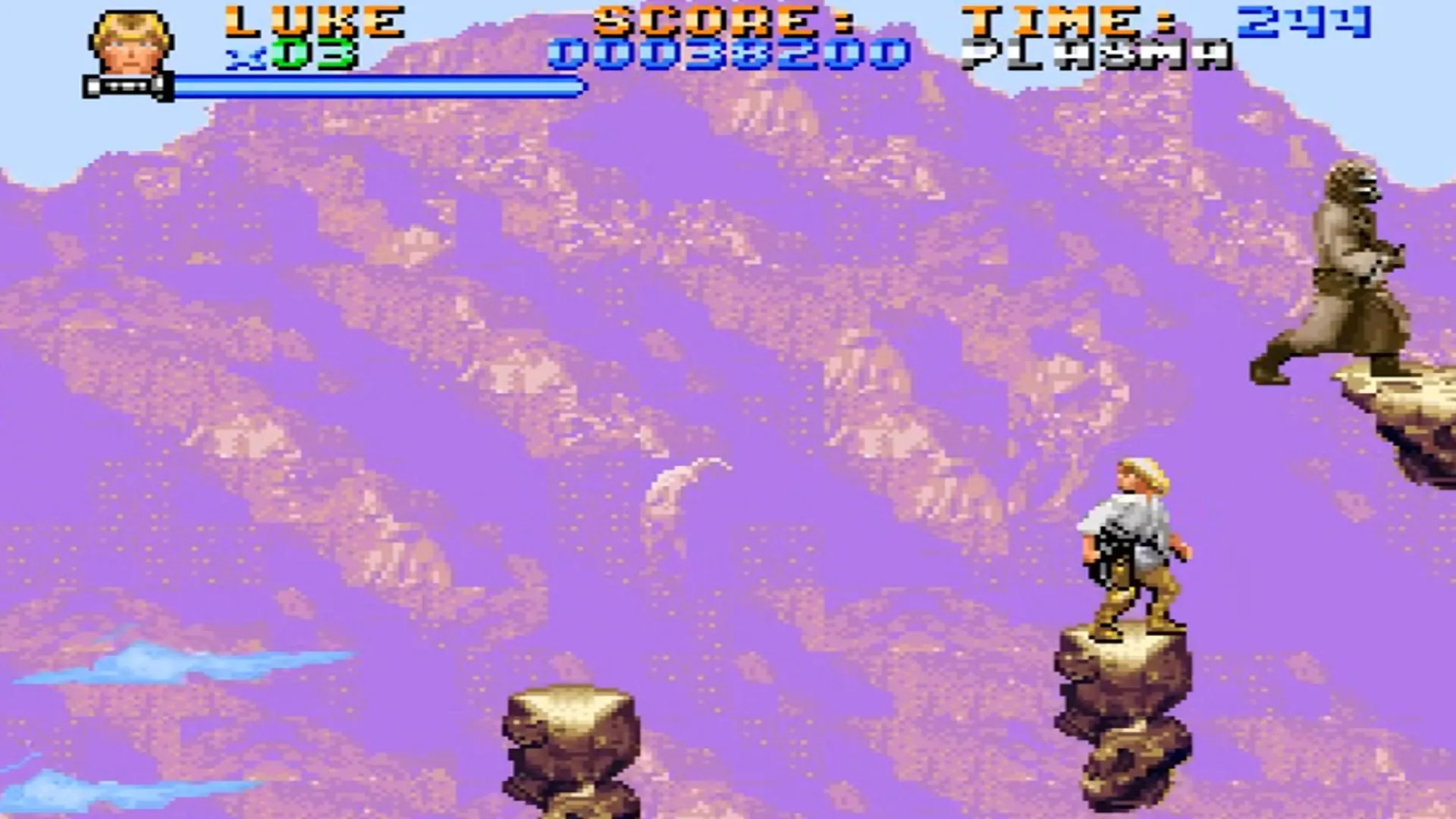 Ảnh chụp màn hình game Super Star Wars trên SNES, minh họa lối chơi platformer 2D và độ khó của game