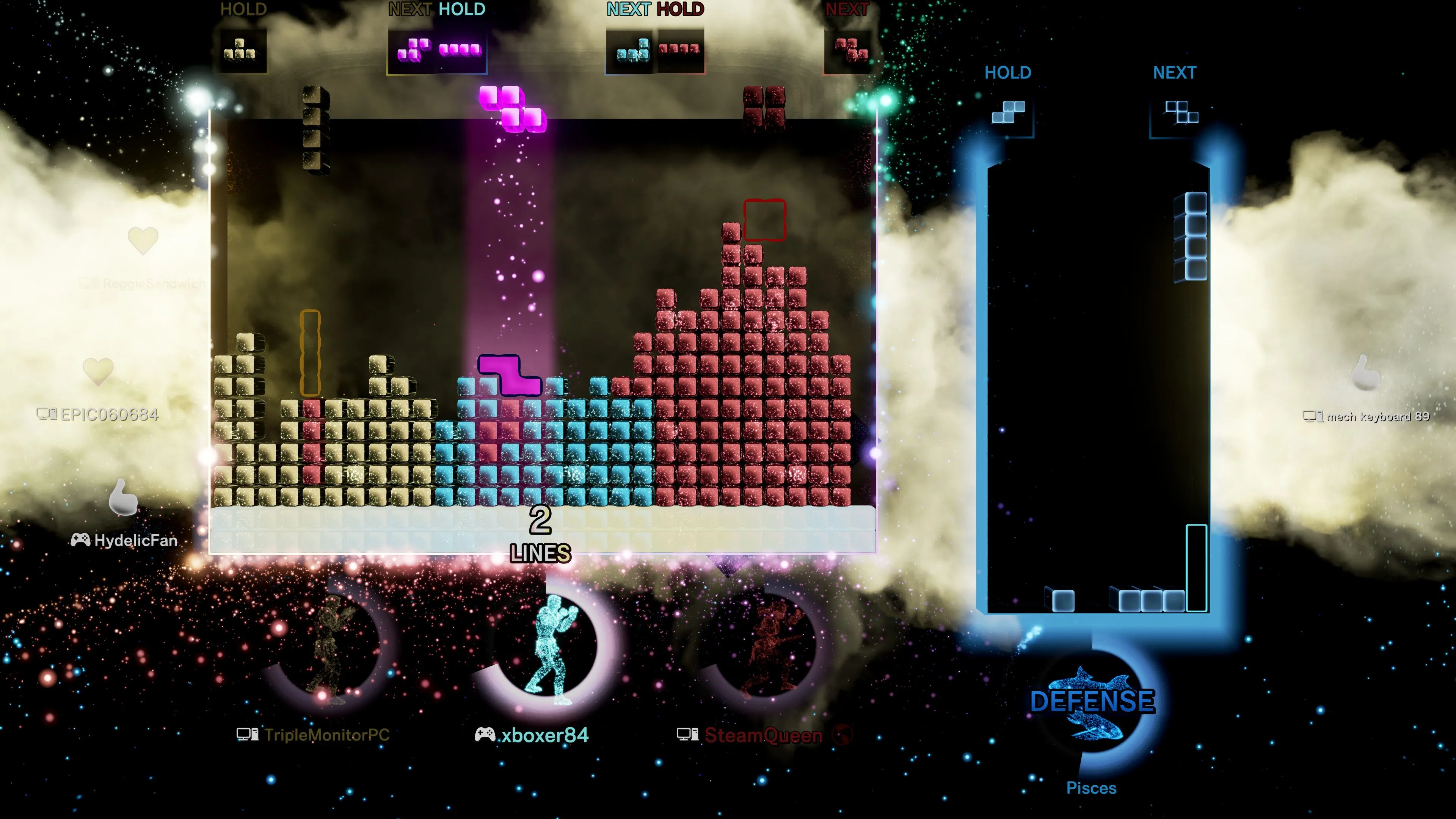 Ảnh chụp màn hình game Tetris Effect với bảng Tetris lớn và một bảng nhỏ hơn, thể hiện sự phổ biến của Tetris.