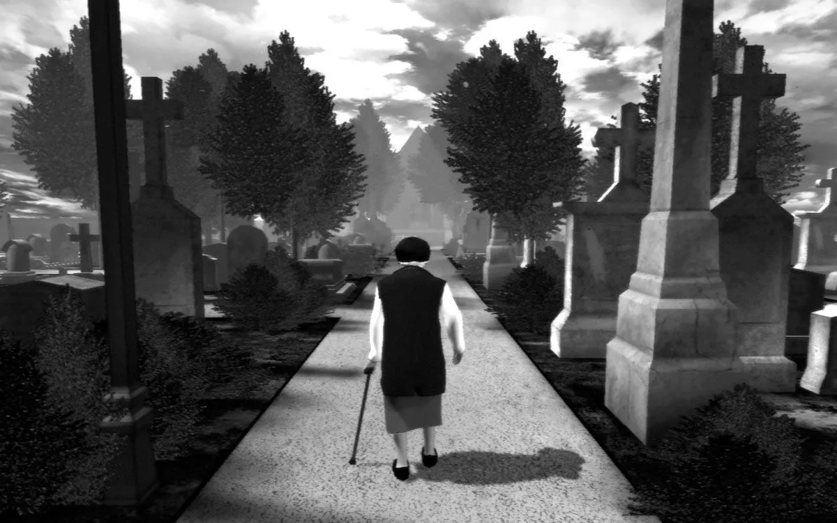Ảnh chụp màn hình game The Graveyard, thể hiện đồ họa tối giản và bầu không khí trầm lắng của một trò chơi nghệ thuật độc đáo.