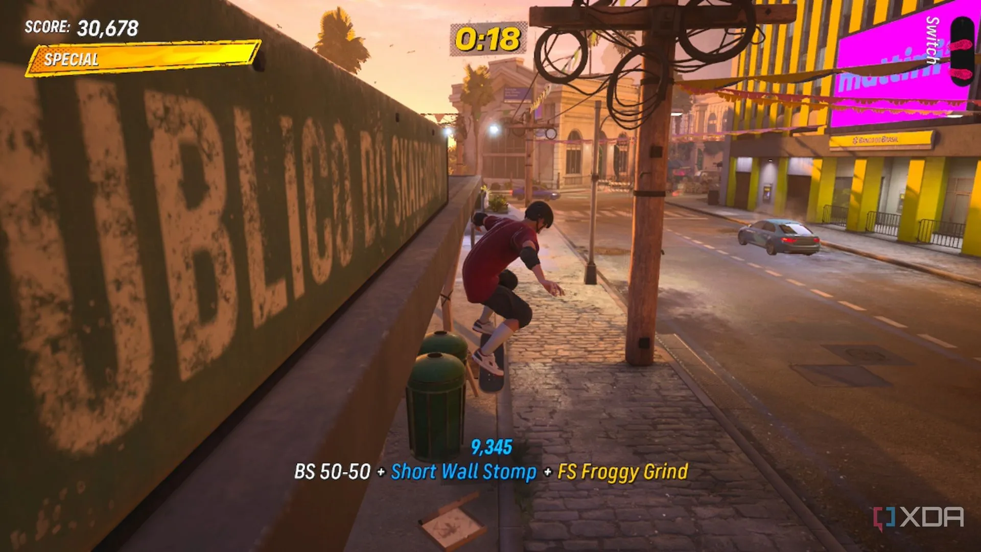 Ảnh chụp màn hình game Tony Hawk's Pro Skater 3+4, một skater đang thực hiện chuỗi combo trượt ván trên đường ray kim loại