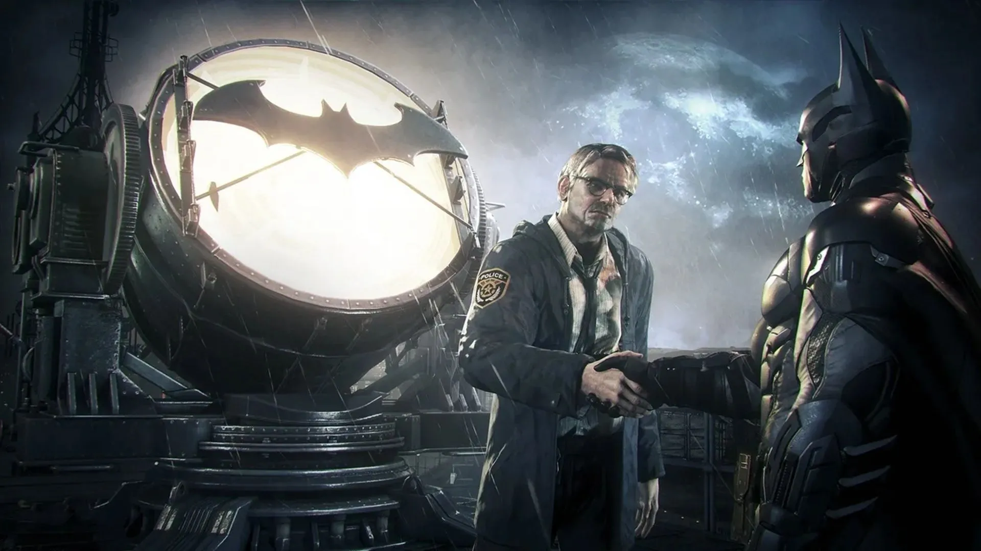 Ảnh chụp màn hình gameplay Batman: Arkham Knight với góc nhìn tổng quan thành phố ban đêm