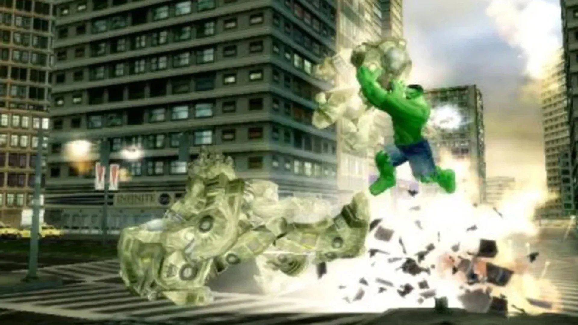Ảnh chụp màn hình gameplay từ The Incredible Hulk: Ultimate Destruction trên PS2 với Hulk đang phá hủy môi trường thành phố.