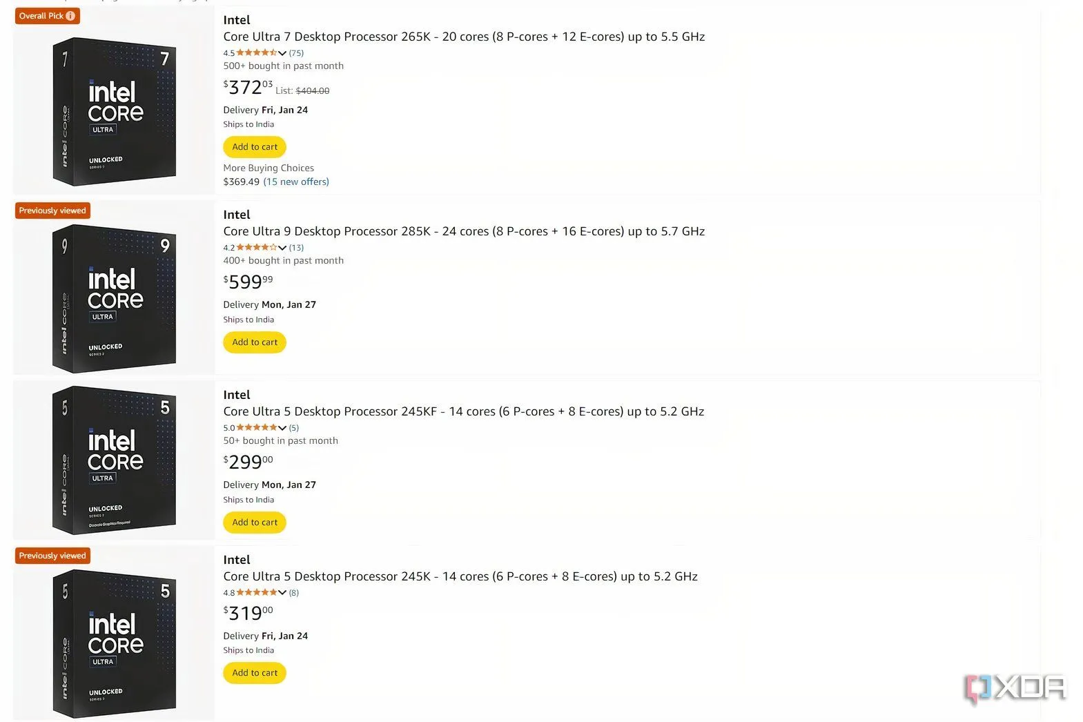 Ảnh chụp màn hình giá CPU Intel Core Ultra trên Amazon