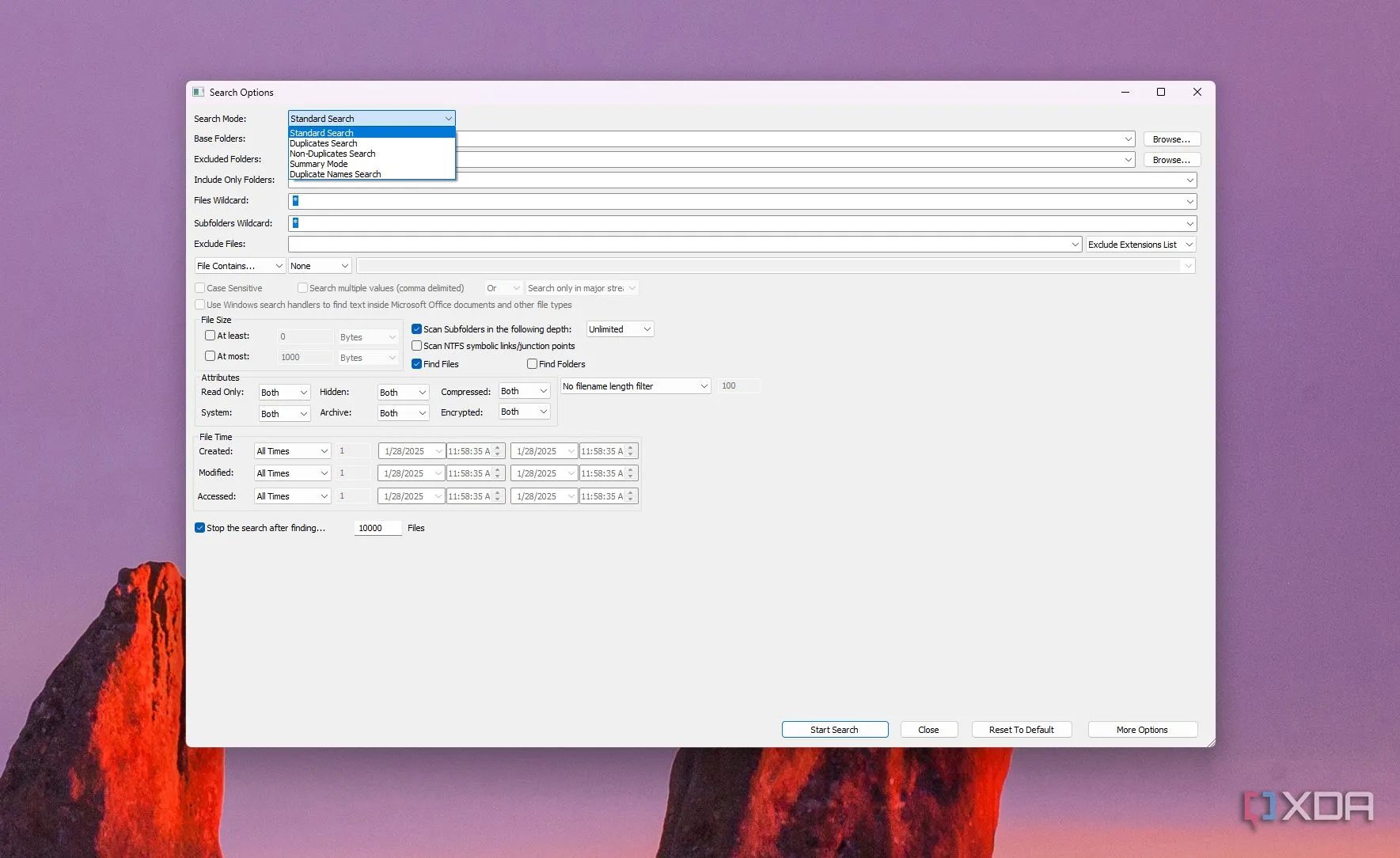 Ảnh chụp màn hình giao diện của Fileseek với các tùy chọn lọc và tìm kiếm chuyên sâu