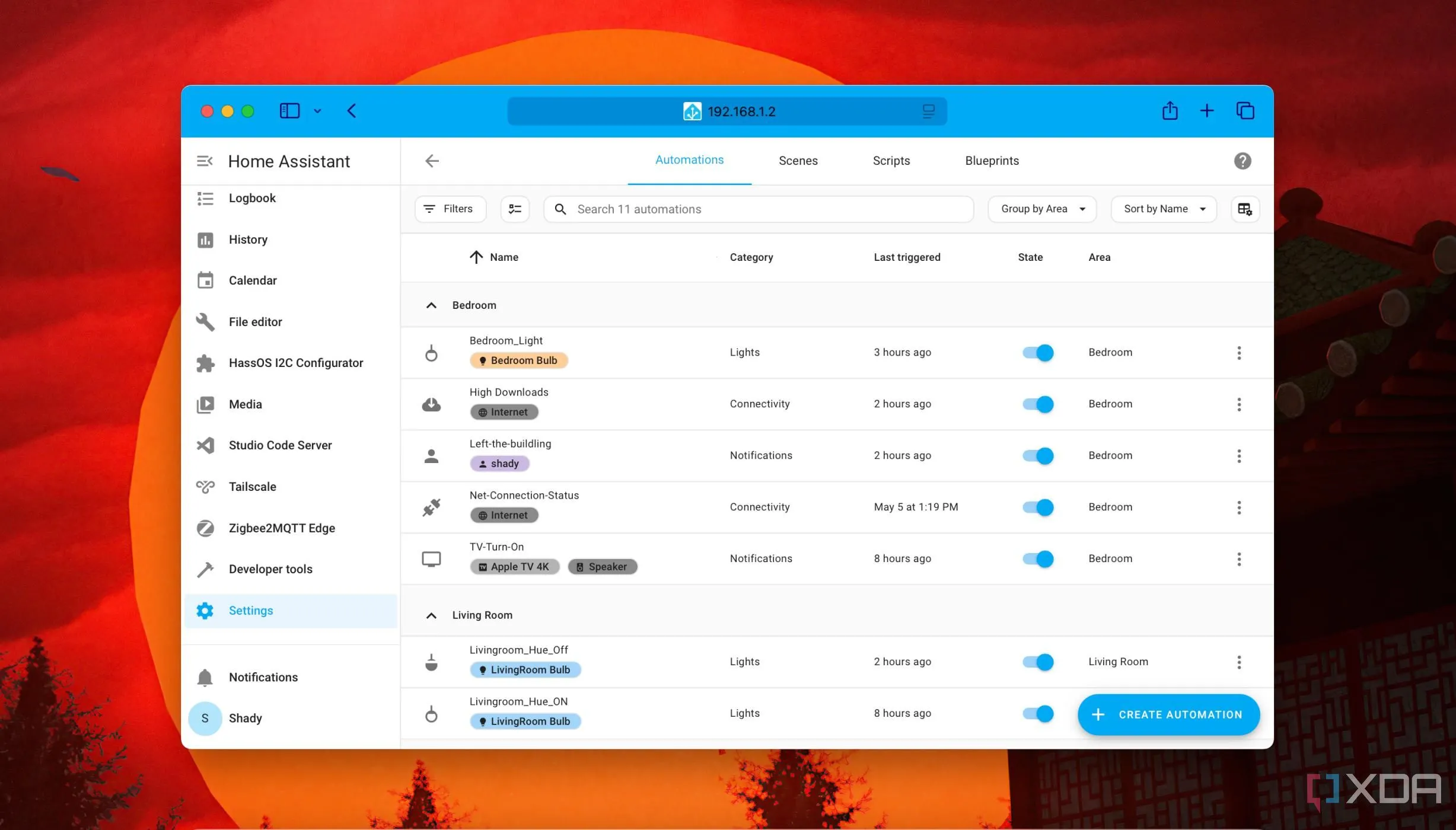 Ảnh chụp màn hình giao diện Home Assistant hiển thị cách sắp xếp các quy trình tự động hóa theo khu vực, minh họa sự dễ dàng trong cấu hình