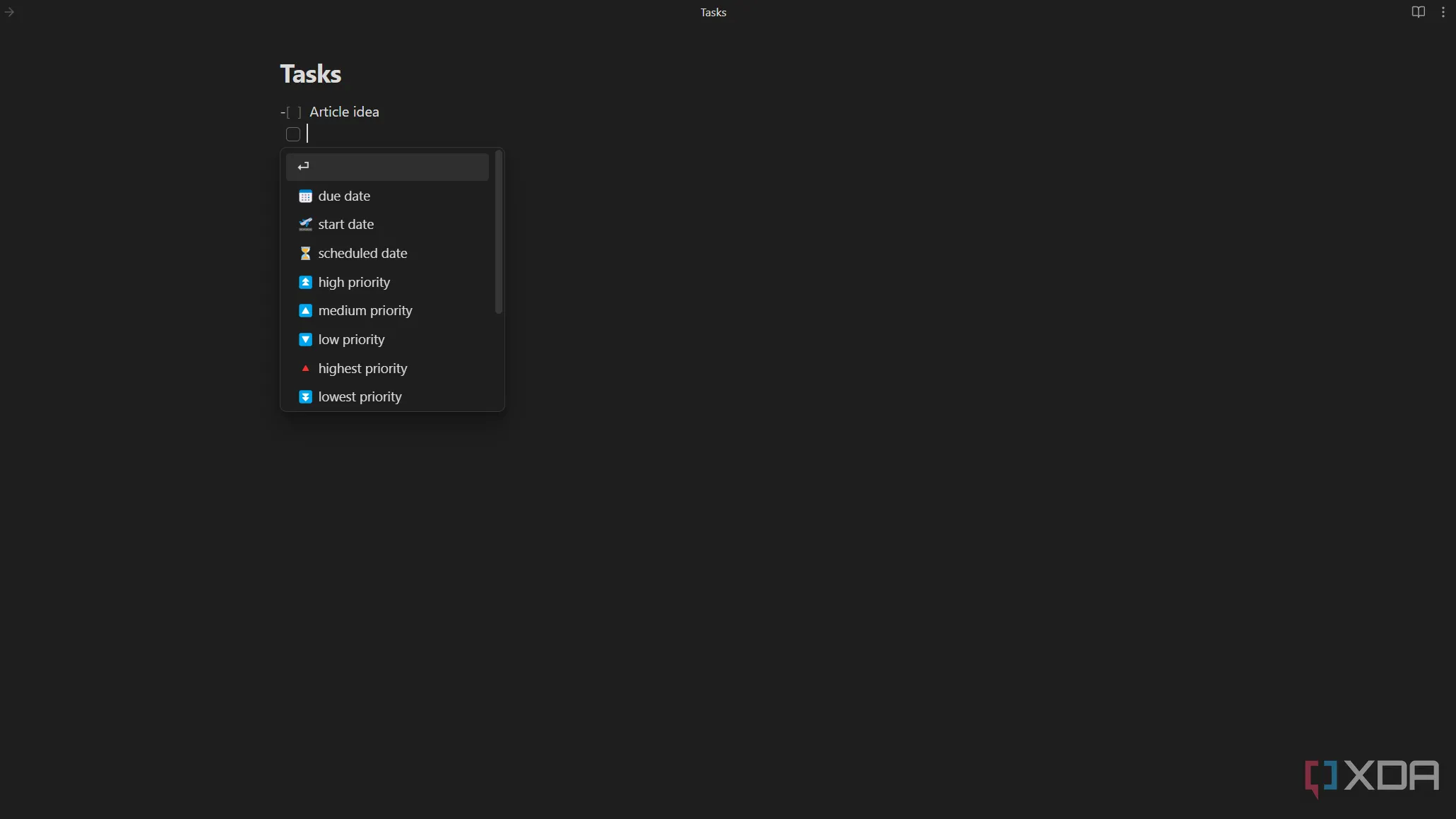 Ảnh chụp màn hình hiển thị menu thả xuống của plugin Tasks trong Obsidian, cho phép người dùng dễ dàng thêm ngày đến hạn và mức độ ưu tiên cho công việc.