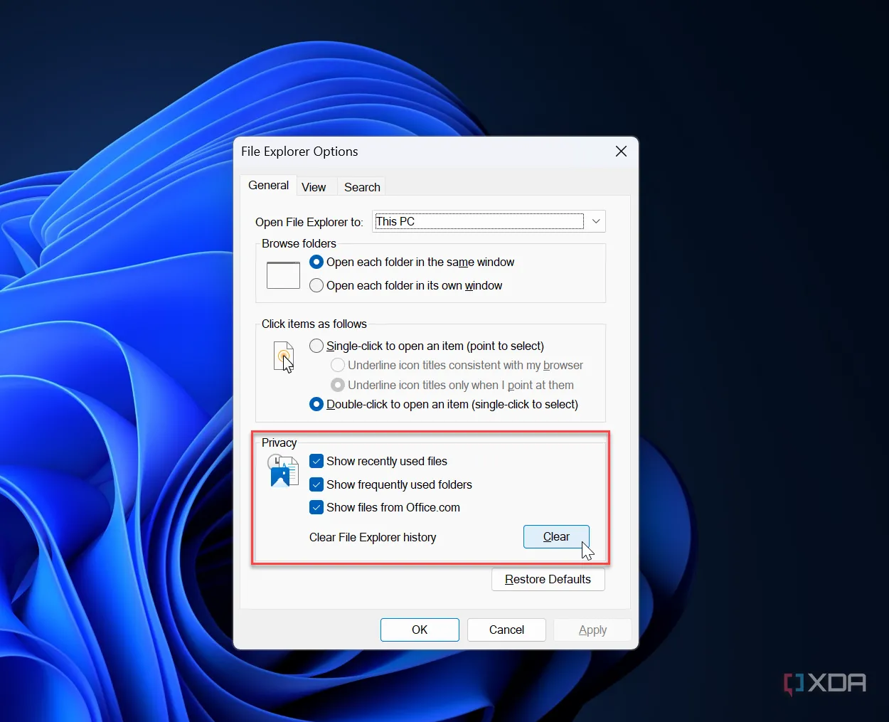 Ảnh chụp màn hình hướng dẫn xóa bộ nhớ đệm của File Explorer trên Windows 11