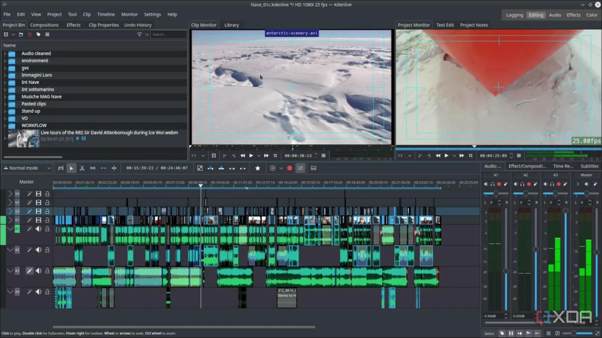 Ảnh chụp màn hình Kdenlive đang chỉnh sửa một đoạn video, hiển thị timeline và các công cụ biên tập