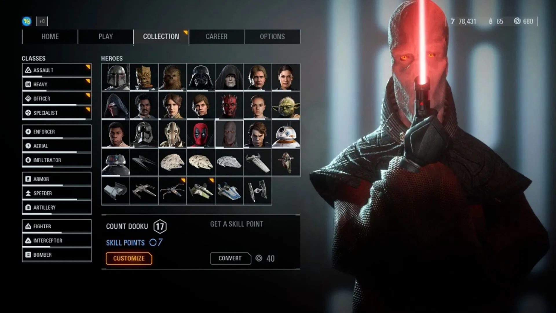 Ảnh chụp màn hình mod Darth Plagueis trong game Star Wars Battlefront 2, thể hiện khả năng của nhân vật này.