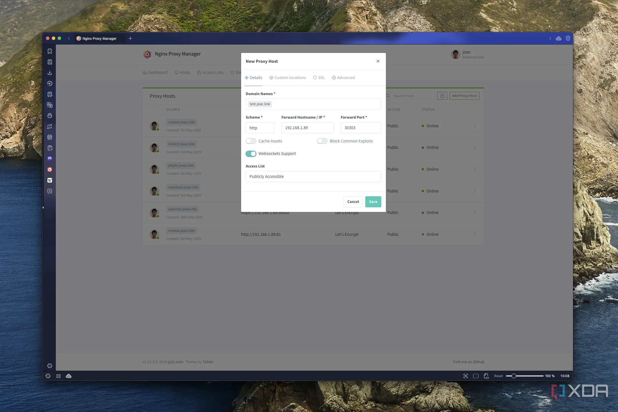 Ảnh chụp màn hình Nginx Proxy Manager đang tạo một proxy host mới