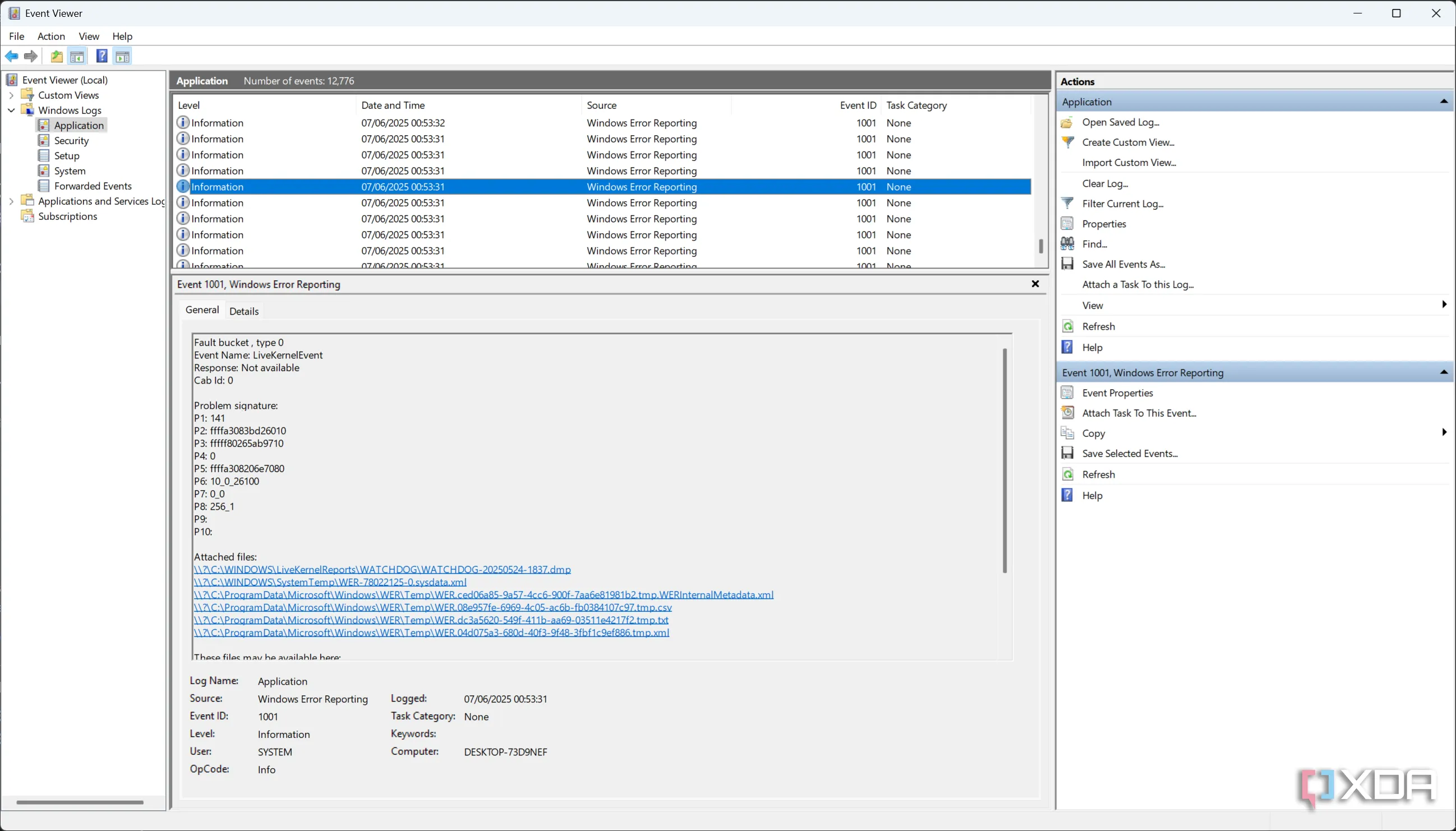 Ảnh chụp màn hình nhật ký lỗi Event Viewer hiển thị lỗi LiveKernelEvent 141 trên hệ thống sử dụng card RTX 4080