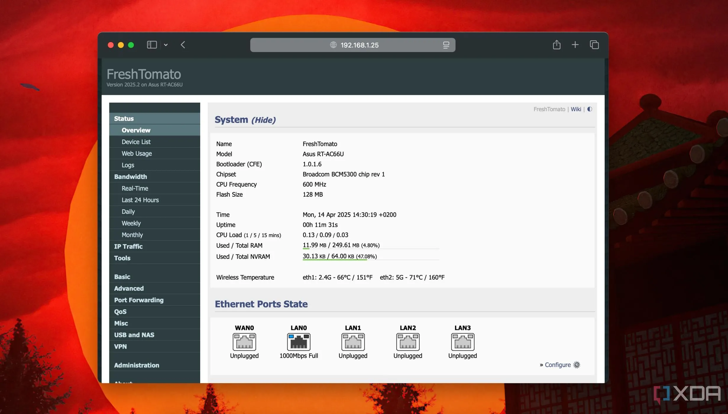 Ảnh chụp màn hình phần mềm FreshTomato custom firmware trên router ASUS RT-AC66U