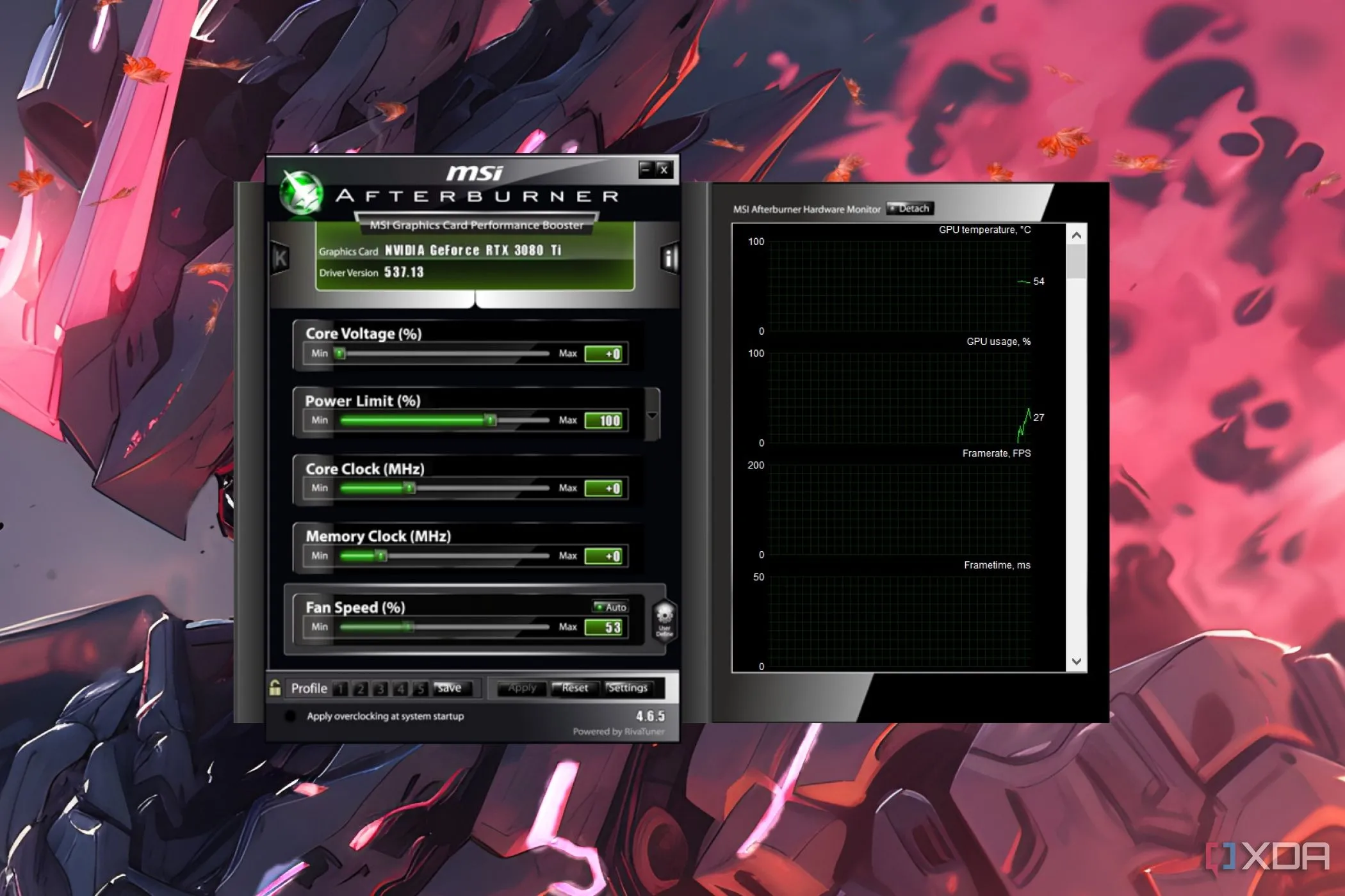 Ảnh chụp màn hình phần mềm MSI Afterburner hiển thị các tùy chọn điều chỉnh quạt và hiệu suất GPU