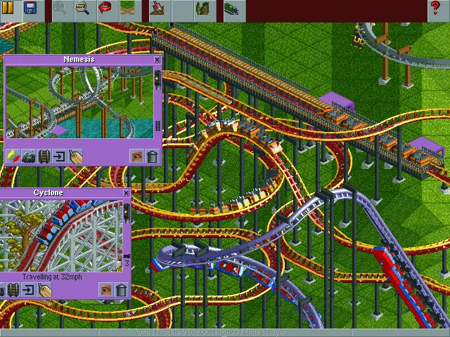 Ảnh chụp màn hình RollerCoaster Tycoon từ bản dựng rất sớm, thiếu chi tiết và người đi bộ