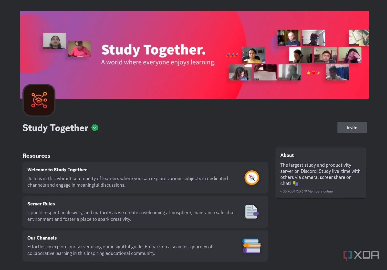 Ảnh chụp màn hình trang chào mừng của máy chủ Discord &quot;Study Together&quot; hỗ trợ học nhóm