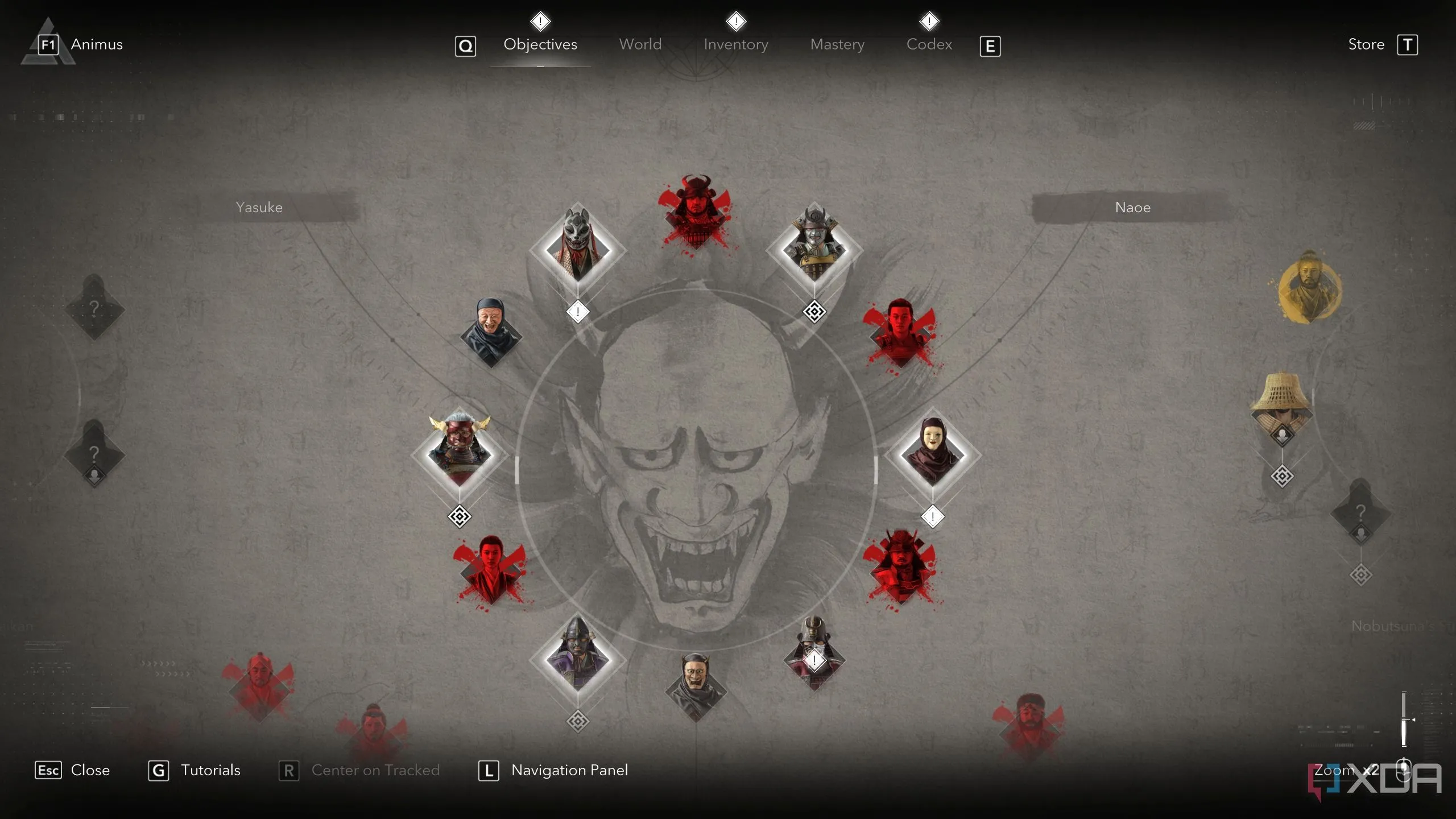 Ảnh chụp màn hình từ Assassin's Creed Shadows cho thấy một bảng mục tiêu với nhiều nhiệm vụ đang hoạt động, giúp người chơi dễ dàng theo dõi