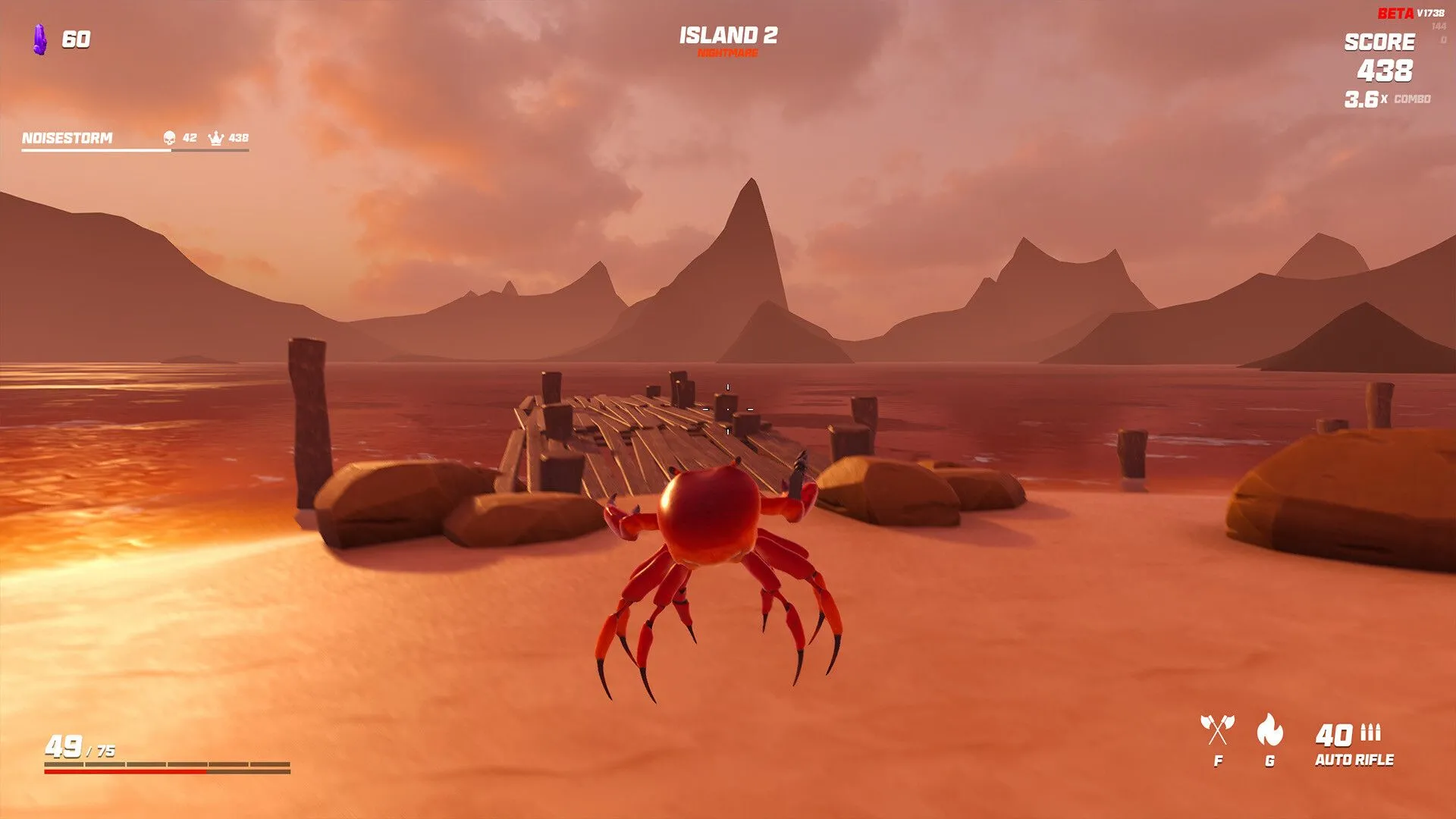 Ảnh chụp màn hình từ game Crab Champions, một chú cua đang bay trong không khí trên bãi biển